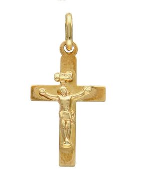 Złota zawieszka na łańcuszek krzyżyk ze złotym wizerunkiem Chrystusa BKZ000000-066. Złoty wisiorek krzyżyk z wizerunkiem Pana Jezusa to biżuteria sakralna, która sprawdzi się jako prezent na takie okazje jak chrzest, bierzmowa.jpg