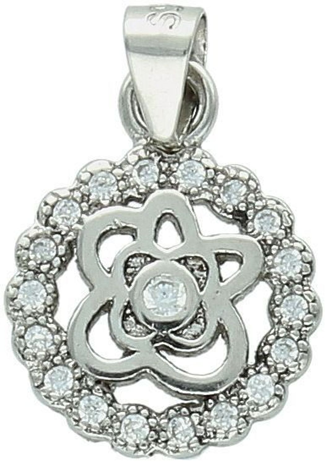 Zawieszka srebrna okrągła z motywem kwiatka próba 925, BKZ000000-268 Delikatna i romantyczna – ta srebrna zawieszka z motywem kwiatka i błyszczącą cyrkonią to idealny wybór.jpg