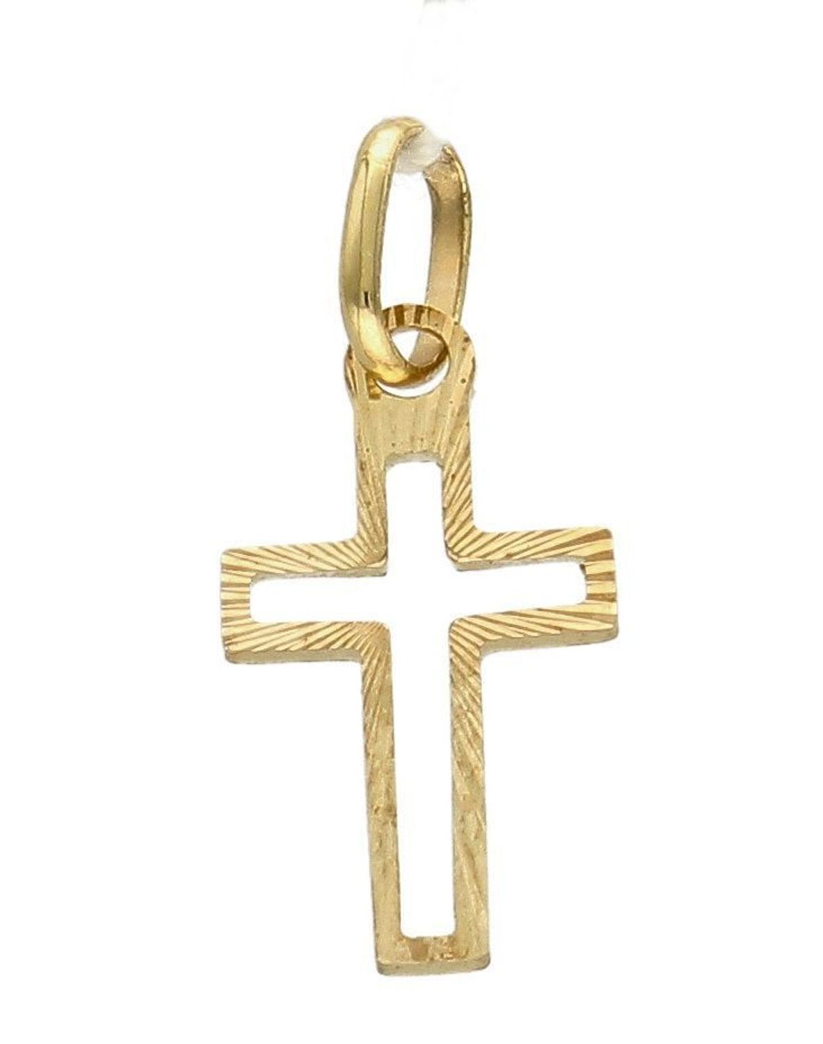 Złota zawieszka na łańcuszek krzyżyk 1,5 cm diamentowany BKZ000000-416. Złoty wisiorek krzyżyk to biżuteria sakralna, która sprawdzi się jako prezent na takie okazje jak chrzest, bierzmowanie czy komunia..jpg