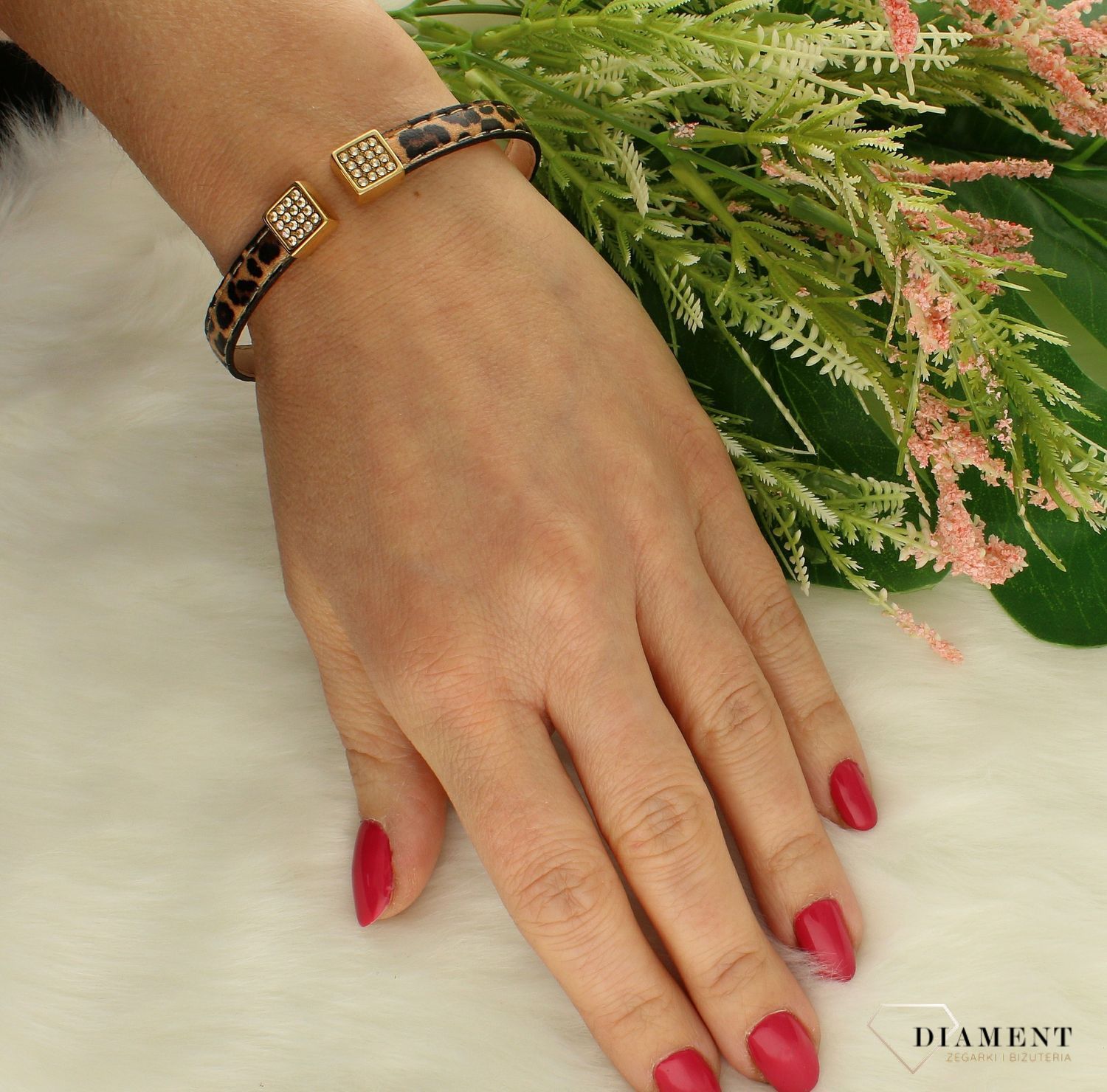 Bransoletka Spark Svarovski skórzana w panterkę i kryształkami Golden Shadow BLEFM4LEO.jpg