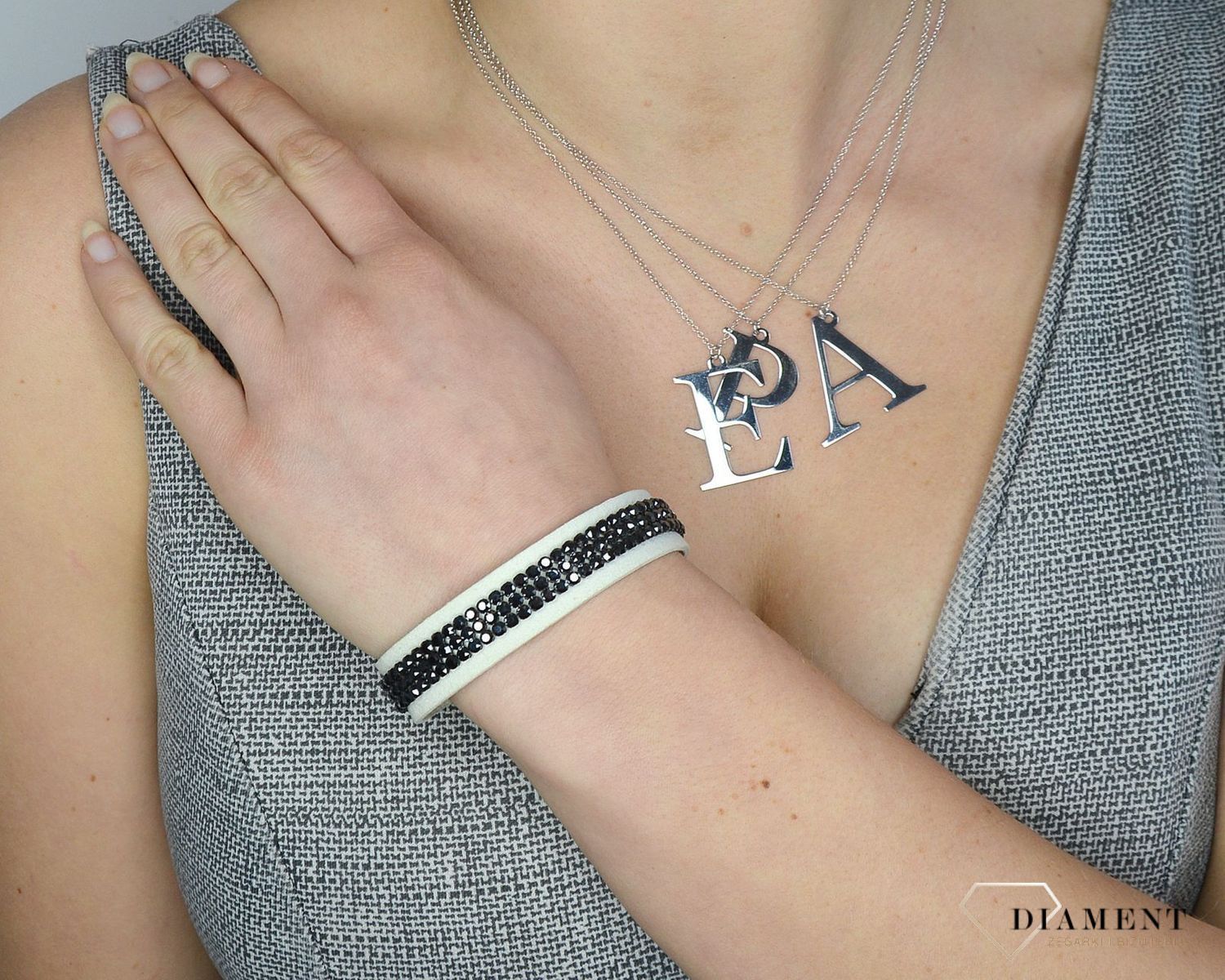 Bransoletka skórzana biała z czarnymi z kryształkami Swarovskiego Spark BMESH3WJ.jpg