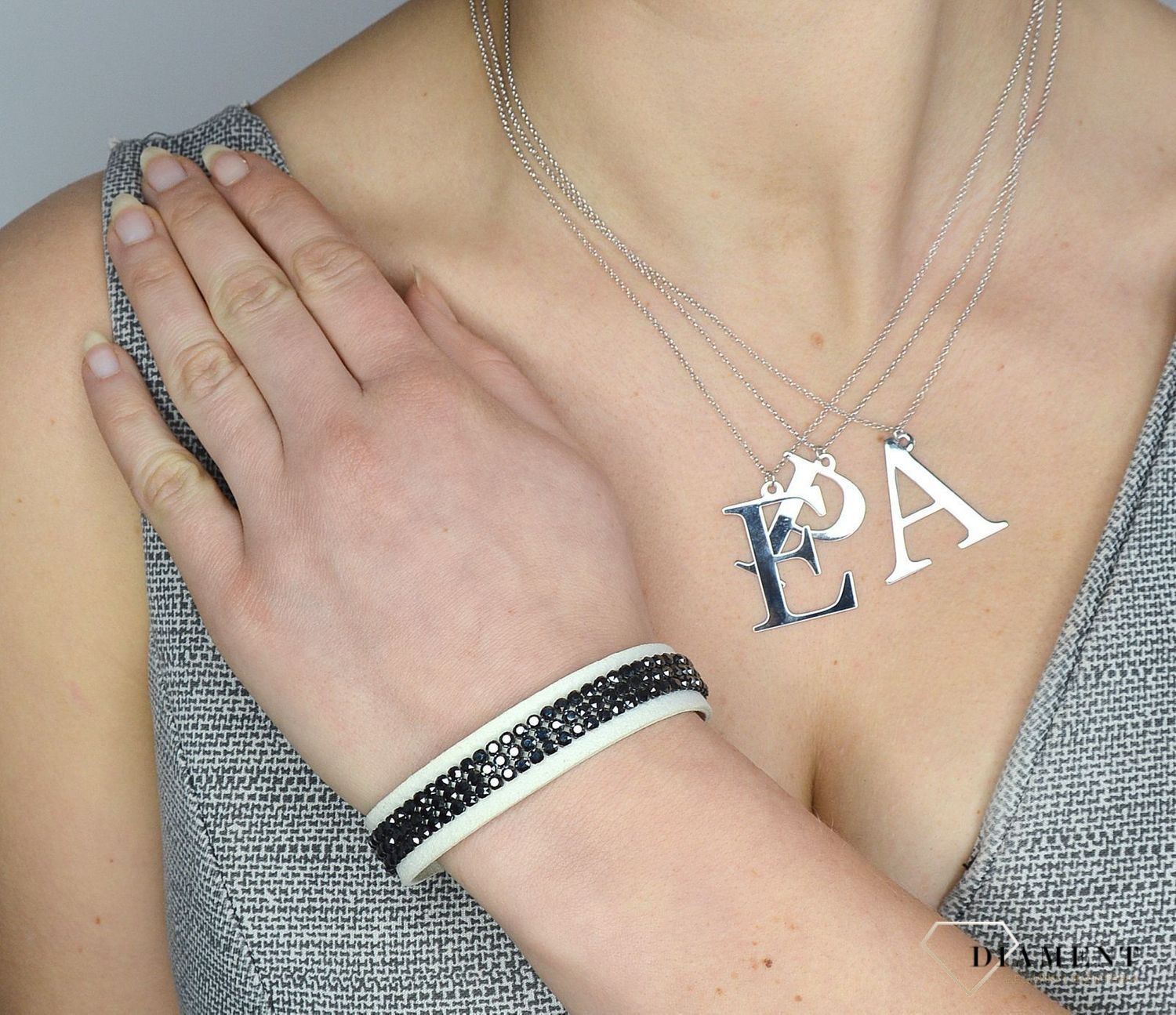 Bransoletka skórzana biała z czarnymi z kryształkami Swarovskiego Spark BMESH3WJ.jpg