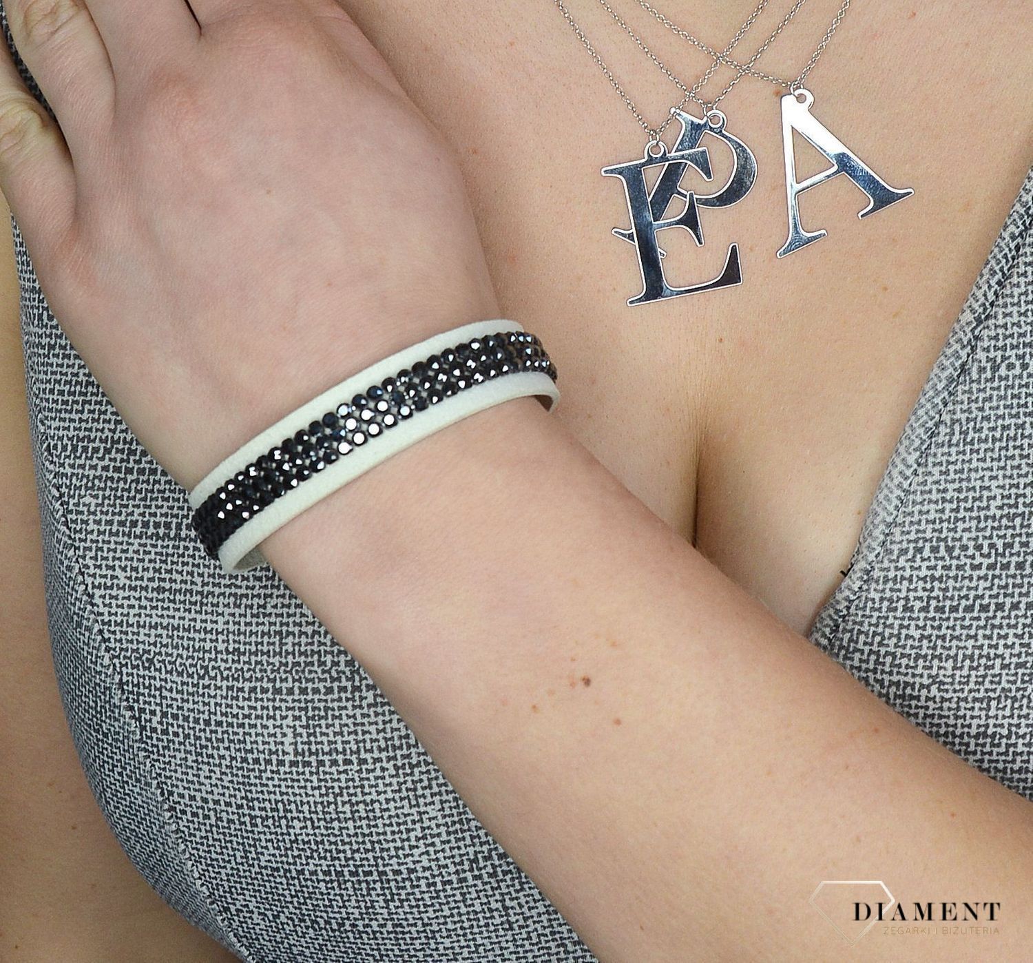 Bransoletka skórzana biała z czarnymi z kryształkami Swarovskiego Spark BMESH3WJ.jpg