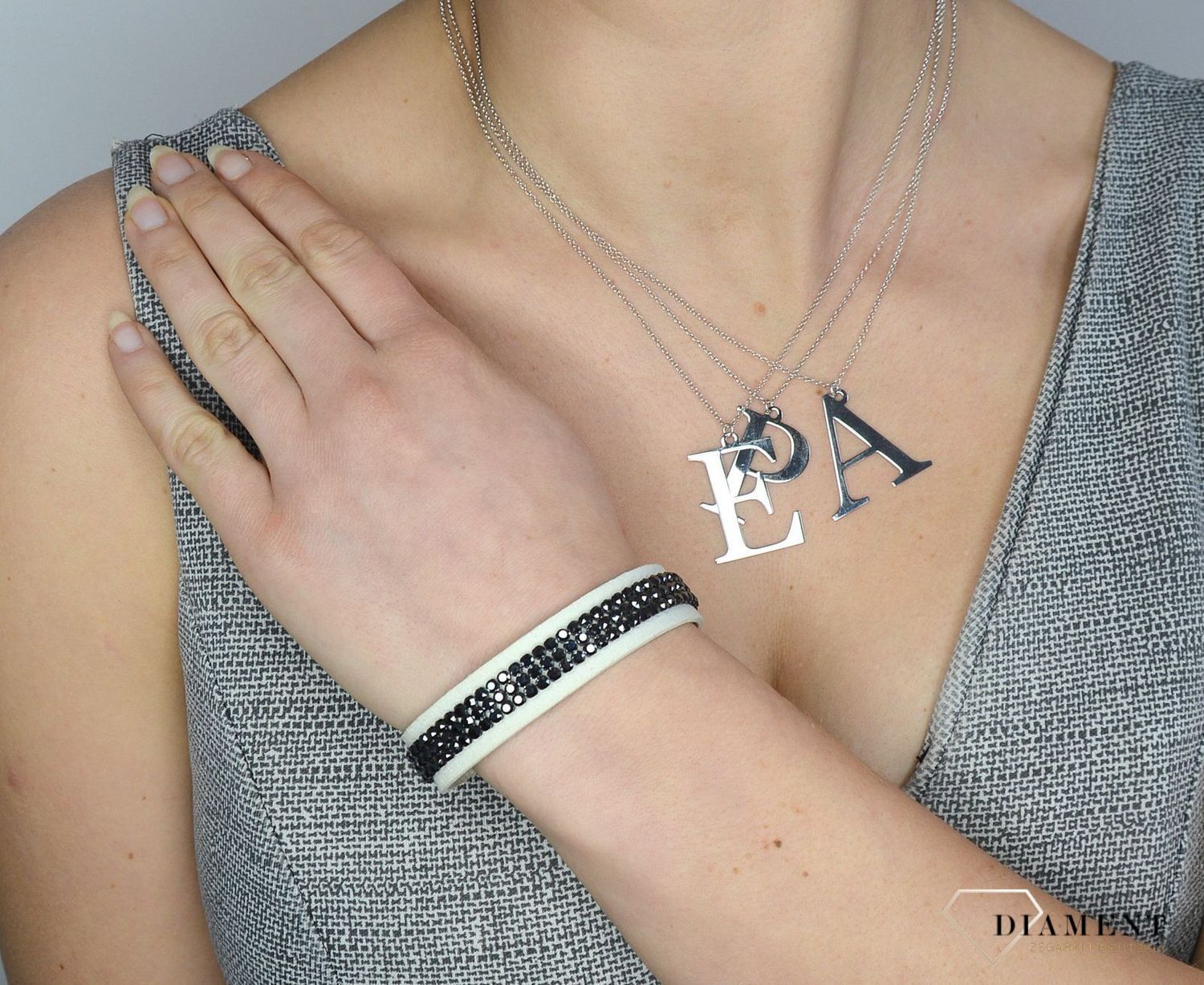 Bransoletka skórzana biała z czarnymi z kryształkami Swarovskiego Spark BMESH3WJ.jpg