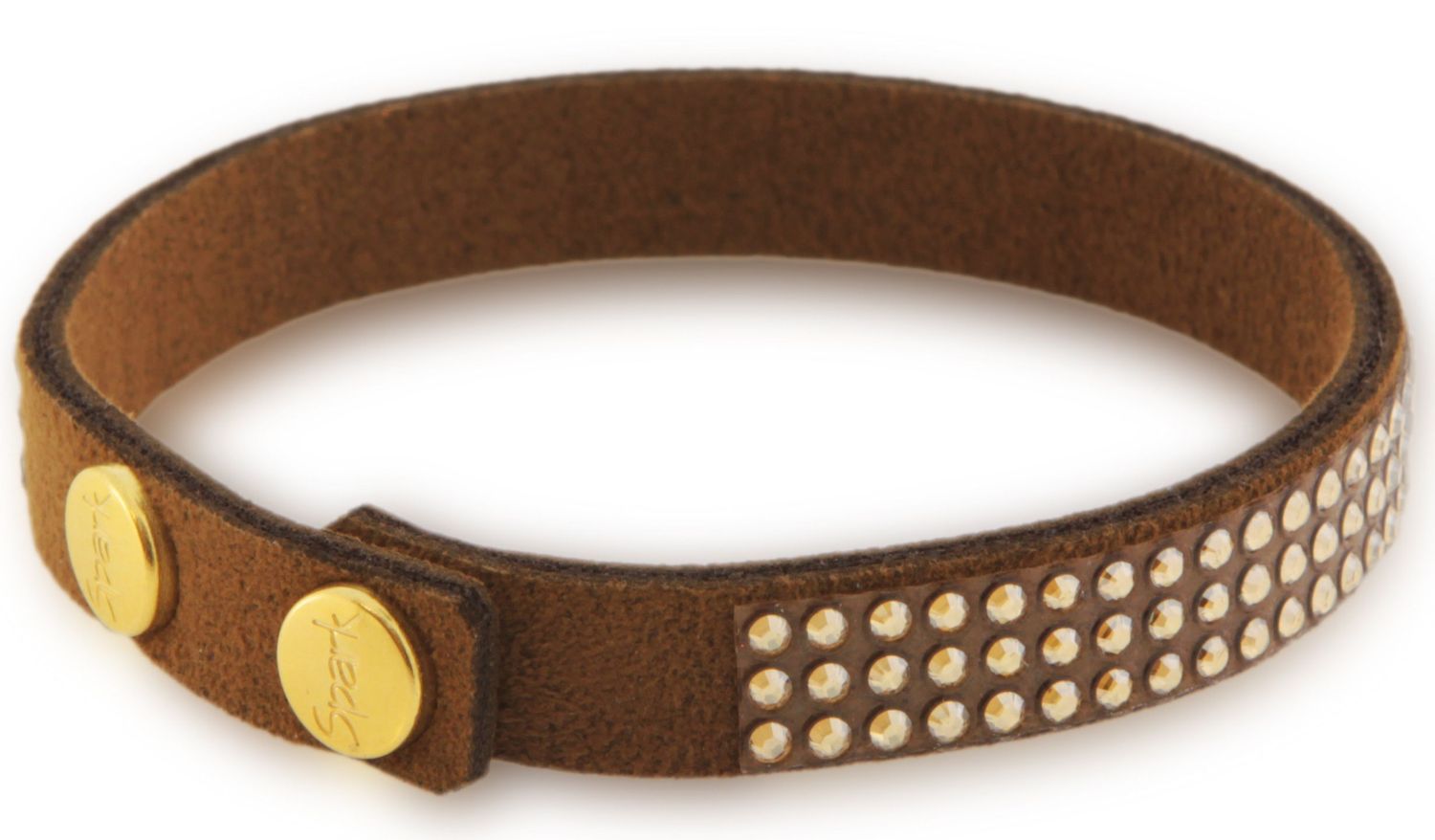 Bransoletka damska Spark brązowa z złotymi kryształkami BNTEXC3BRGS Niezwykle elegancka bransoletka marki Spark wykonana z brązowej alcantary wysadzona drobnymi kryształkami w kolorze złota.1.jpg