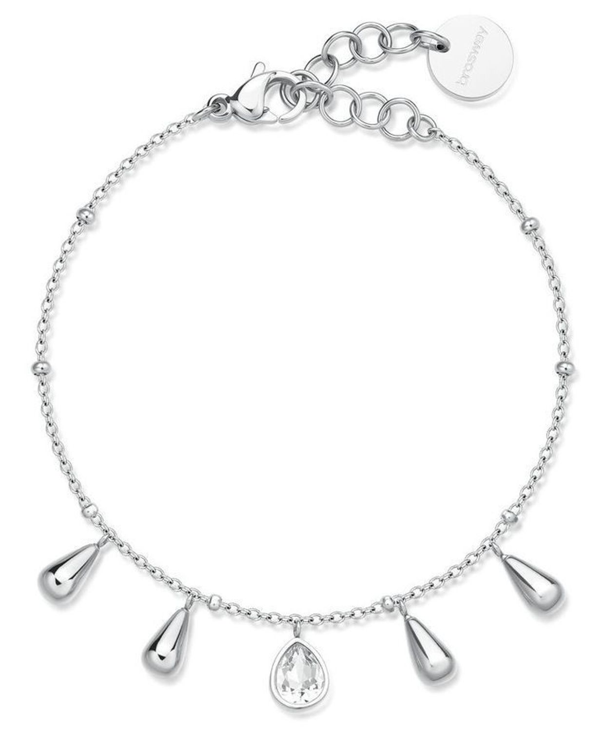 Elegancka bransoletka Brosway PERFECT BPC19 wykonana ze stali chirurgicznej 316L. Ozdobiona zawieszkami w kształcie kropli, z centralnym kryształem. Stylowa biżuteria w pudełku Brosway.1.jpg