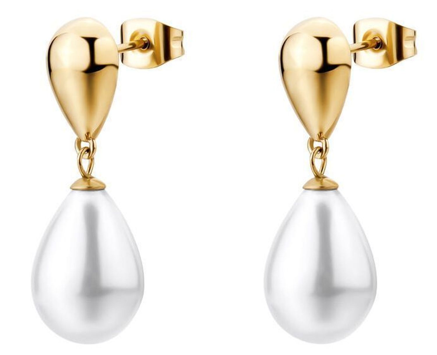 Eleganckie kolczyki Brosway PERFECT BPC75 wykonane ze stali chirurgicznej 316L pokrytej złotą powłoką PVD. Zdobione stalowymi kroplami i imitacją pereł. Stylowy dodatek w oryginalnym 1.jpg