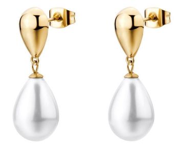 Eleganckie kolczyki Brosway PERFECT BPC75 wykonane ze stali chirurgicznej 316L pokrytej złotą powłoką PVD. Zdobione stalowymi kroplami i imitacją pereł. Stylowy dodatek w oryginalnym 1.jpg