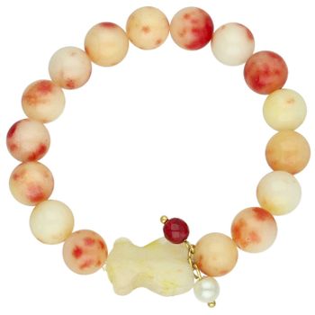 Bransoletka damska stalowa BR039 na gumce z kolorowymi koralikami w odcieniach czerwieni, pomarańczu i żółtego. Ozdobiona uroczym żółtym misiem. Modna, wygodna i idealna na co dzień oraz lato.1.jpg