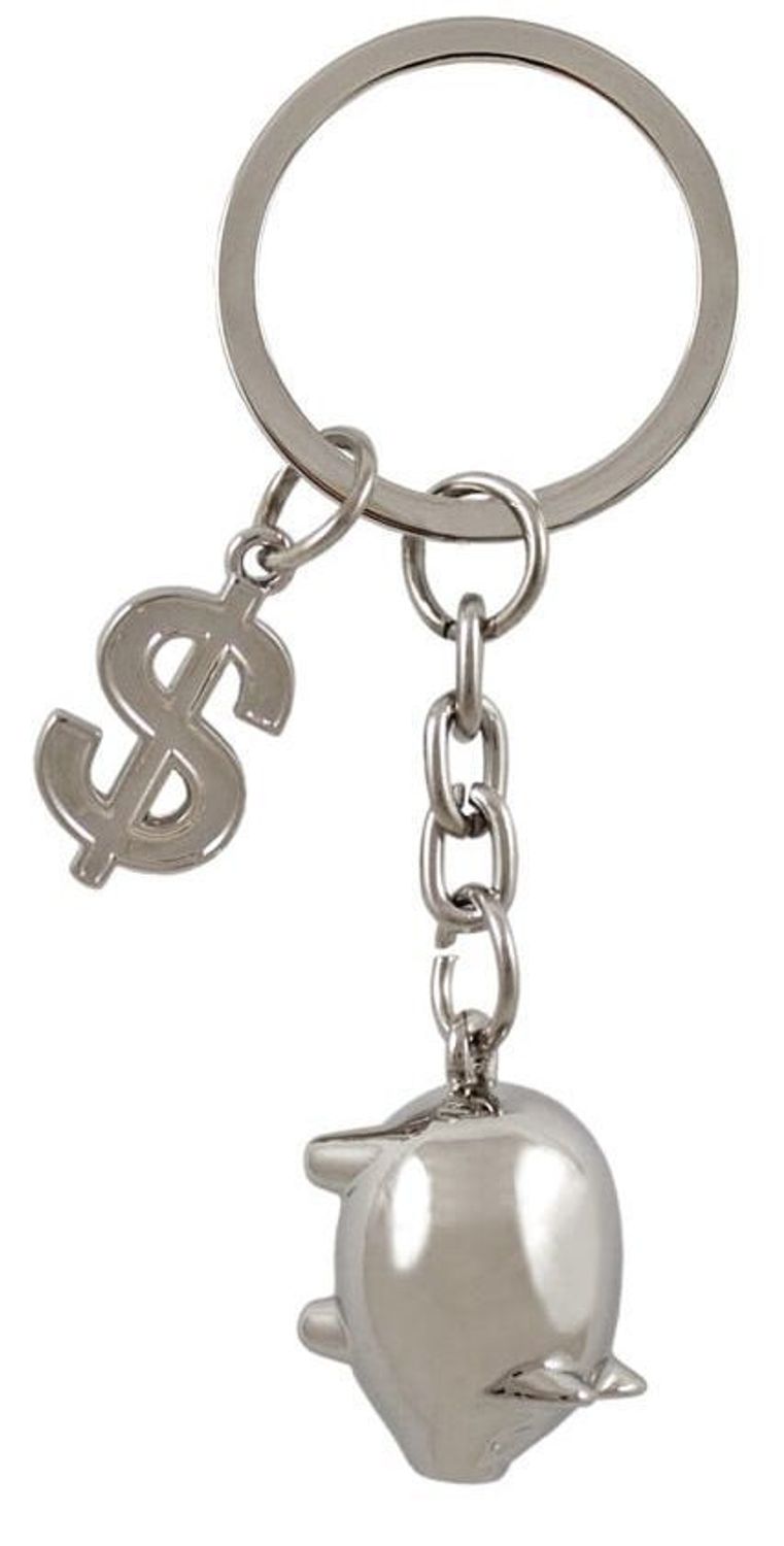 Metalowy brelok BR293 w kształcie świnki z przywieszką symbolu dolara. Długość 9 cm, zapakowany w czarne flokowane pudełko. Idealny prezent z przesłaniem szczęścia i pomyślności.1.jpg
