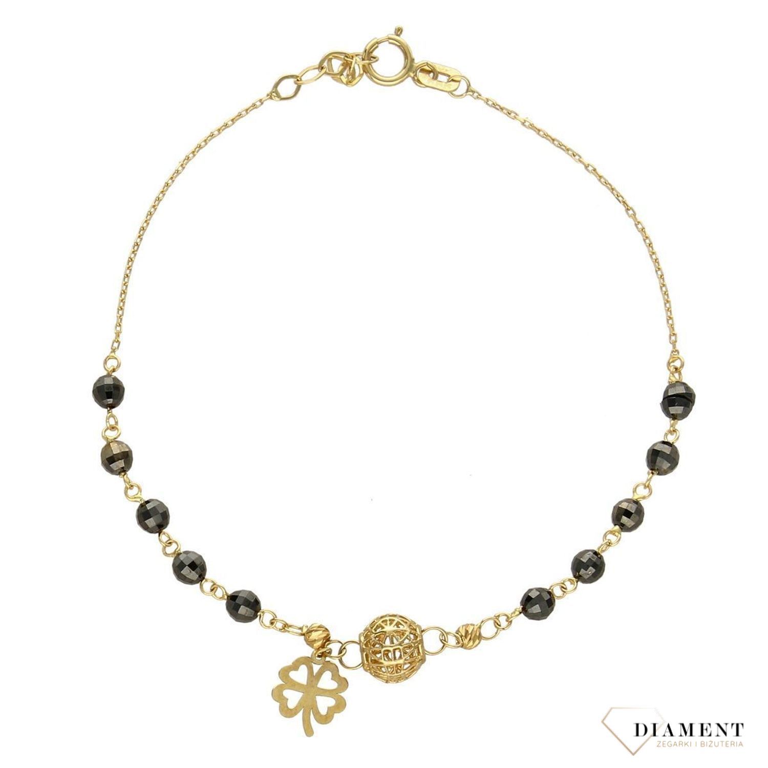 Złota bransoletka celebrytka 585 'koraliki z koniczynką i kuleczką' (1).jpg