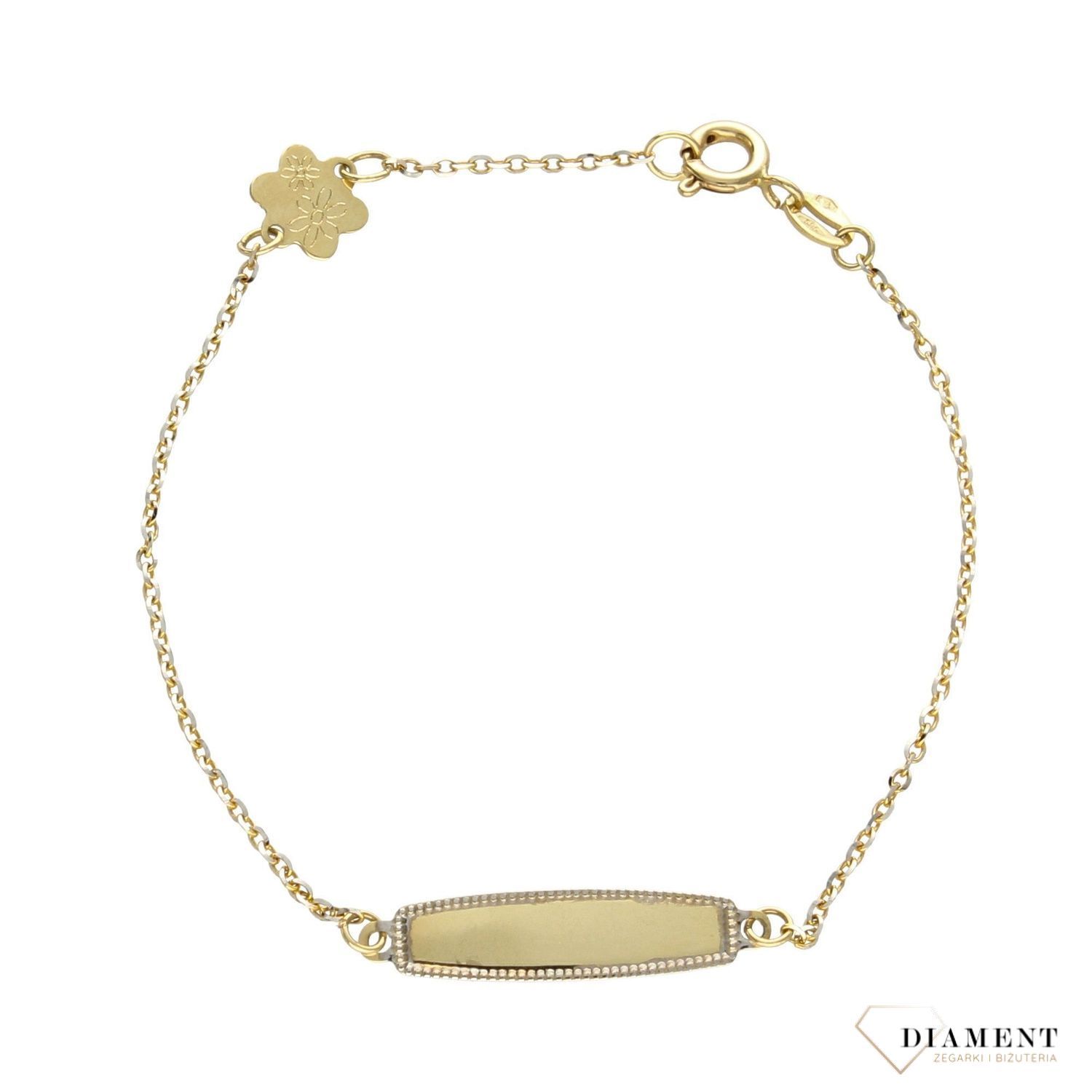 Piękna złota bransoletka z blaszką na krótki grawer oraz elementem ozdobnym w postaci kwiatka. Złota bransoletka zapinana na karabińczyk. Idealny prezent.  (2).jpg