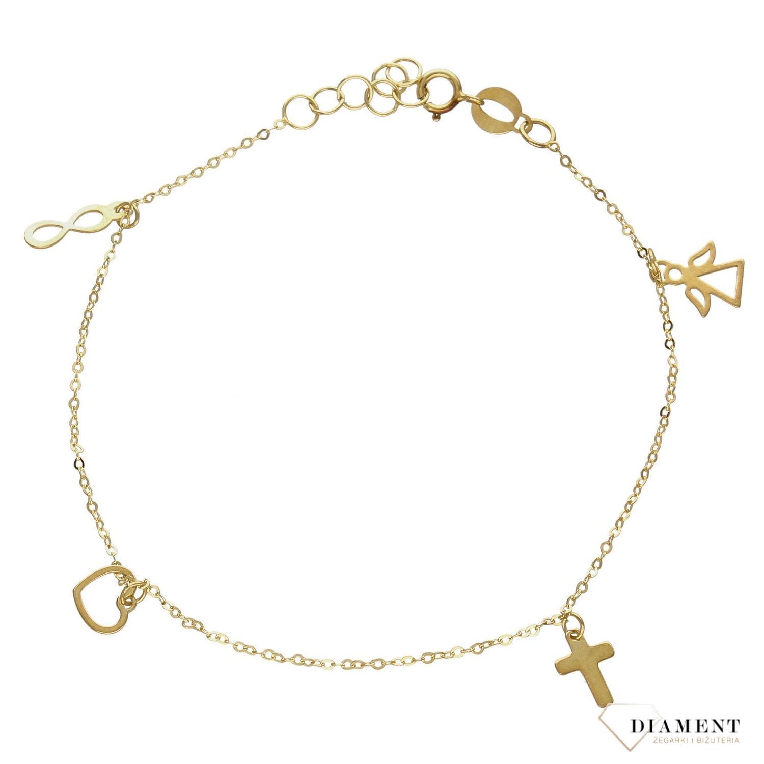Nowoczesna złota bransoletka z zawieszkami w postaci nieskończoności, serca, krzyżyka i aniołka. Bransoletka próby 585. Idealna na prezent dla mamy.  (2).jpg