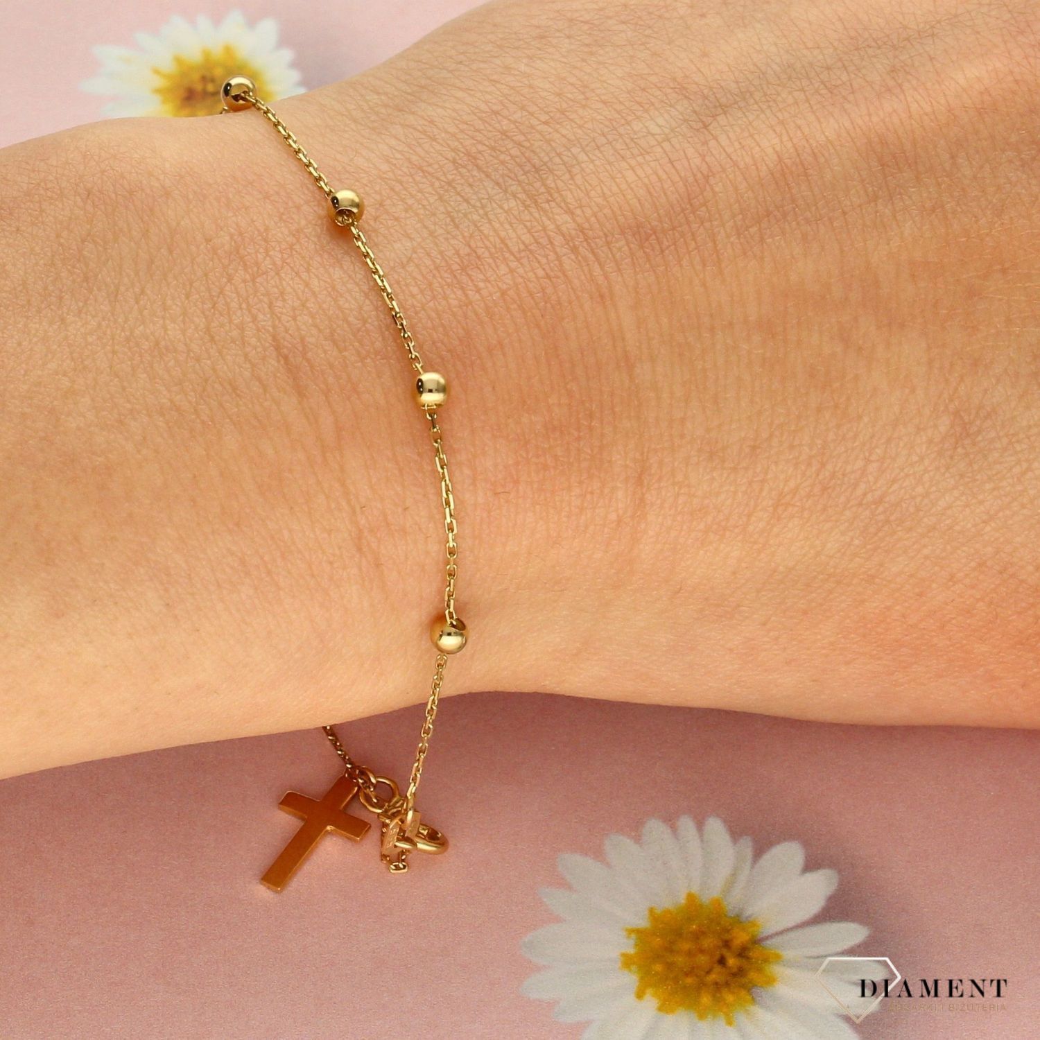 Złota bransoletka damska kuleczki z krzyzykiem 585 żółte złoto BRA 000000 264 585 (2).jpg