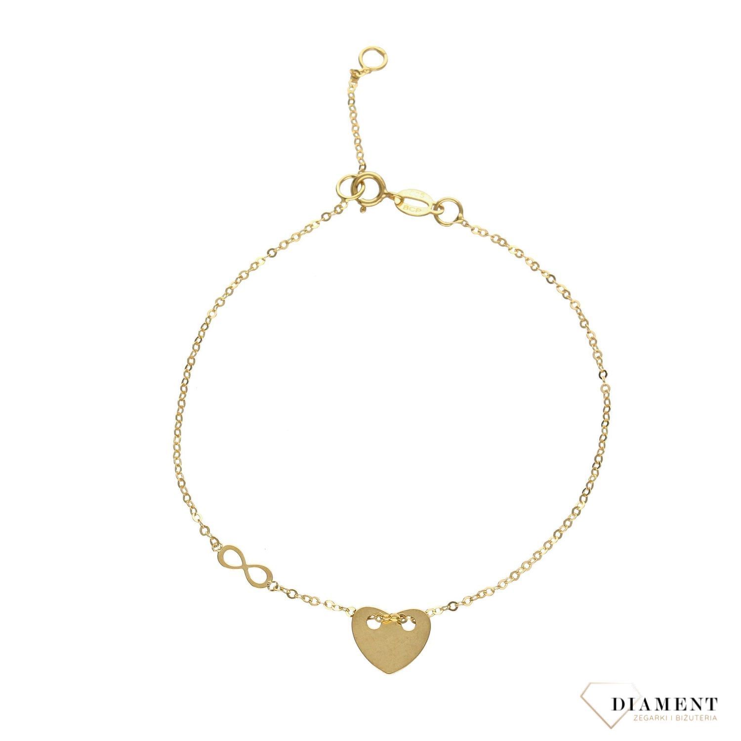 Delikatna złota bransoletka celebrytka z miłosnym motywem serca oraz znaku nieskończoności. Bransoletka wykonana z wysokiej jakości złota próby 585.  (2).jpg