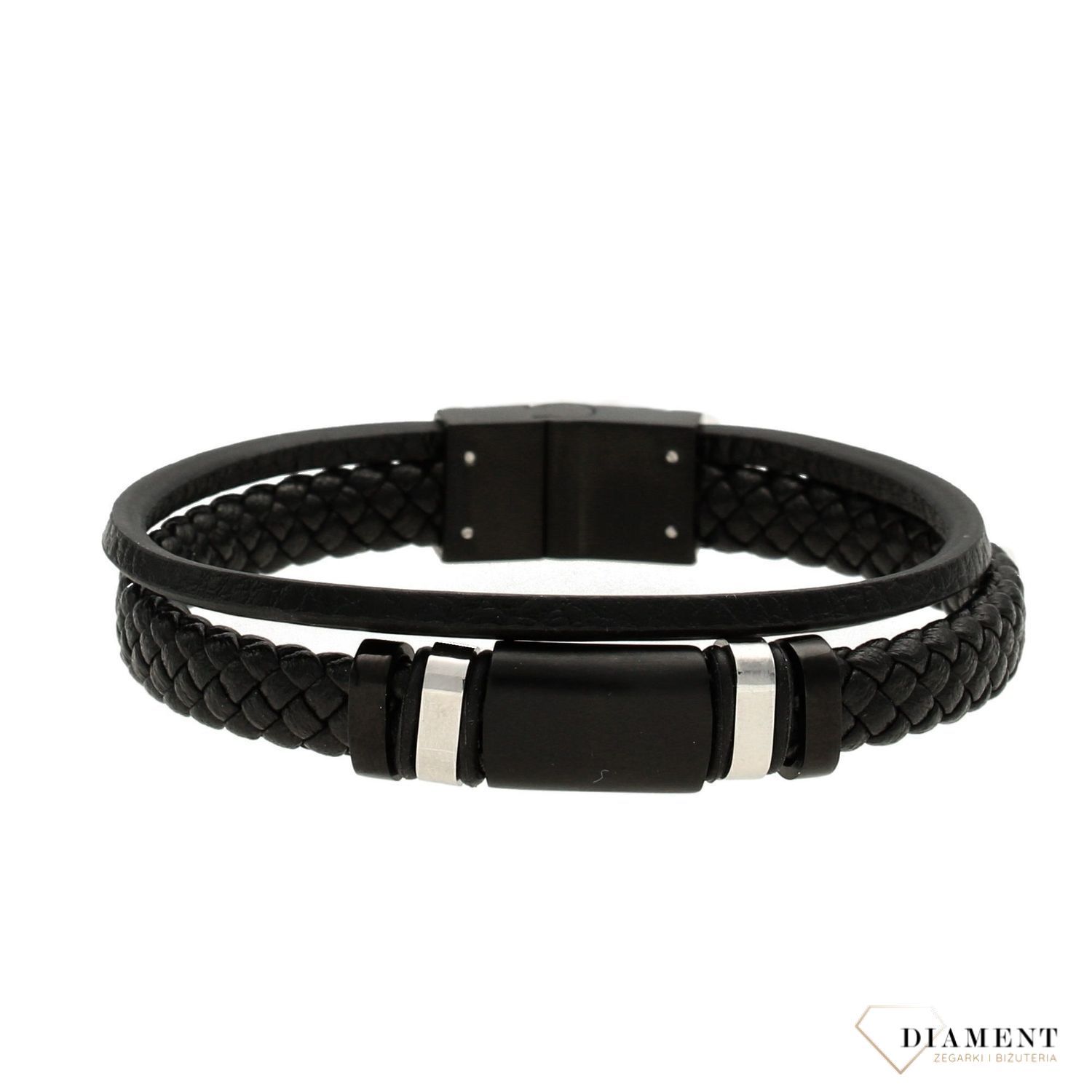 Skórzana bransoletka męska czarna ze stalą BRA-000000-319-STAL.jpg