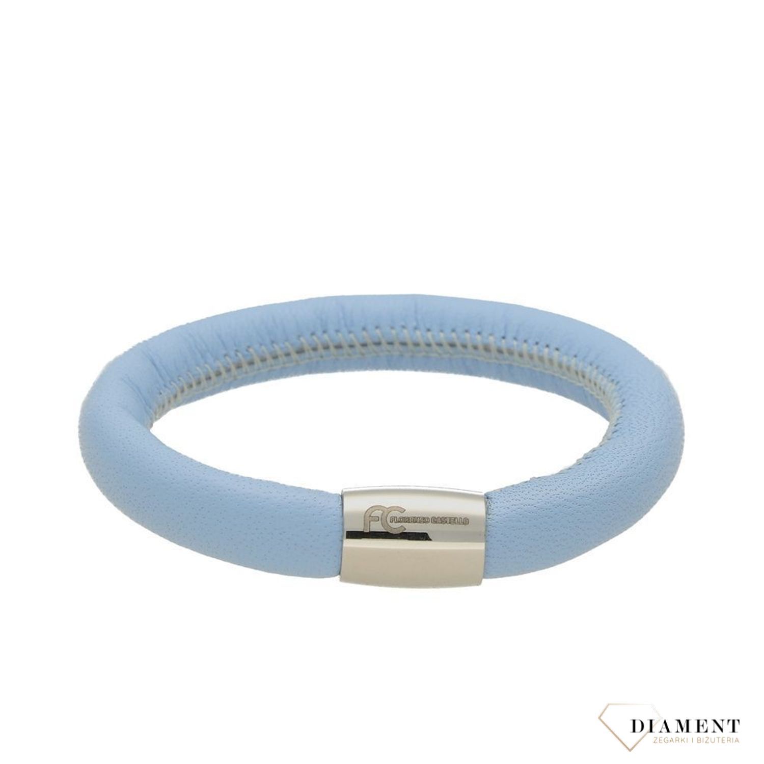 Bransoletka damska skórzana w pięknym błękitnym kolorze. Zapięcie dyskretne na magnes, z ozdobnym napisem marki..jpg