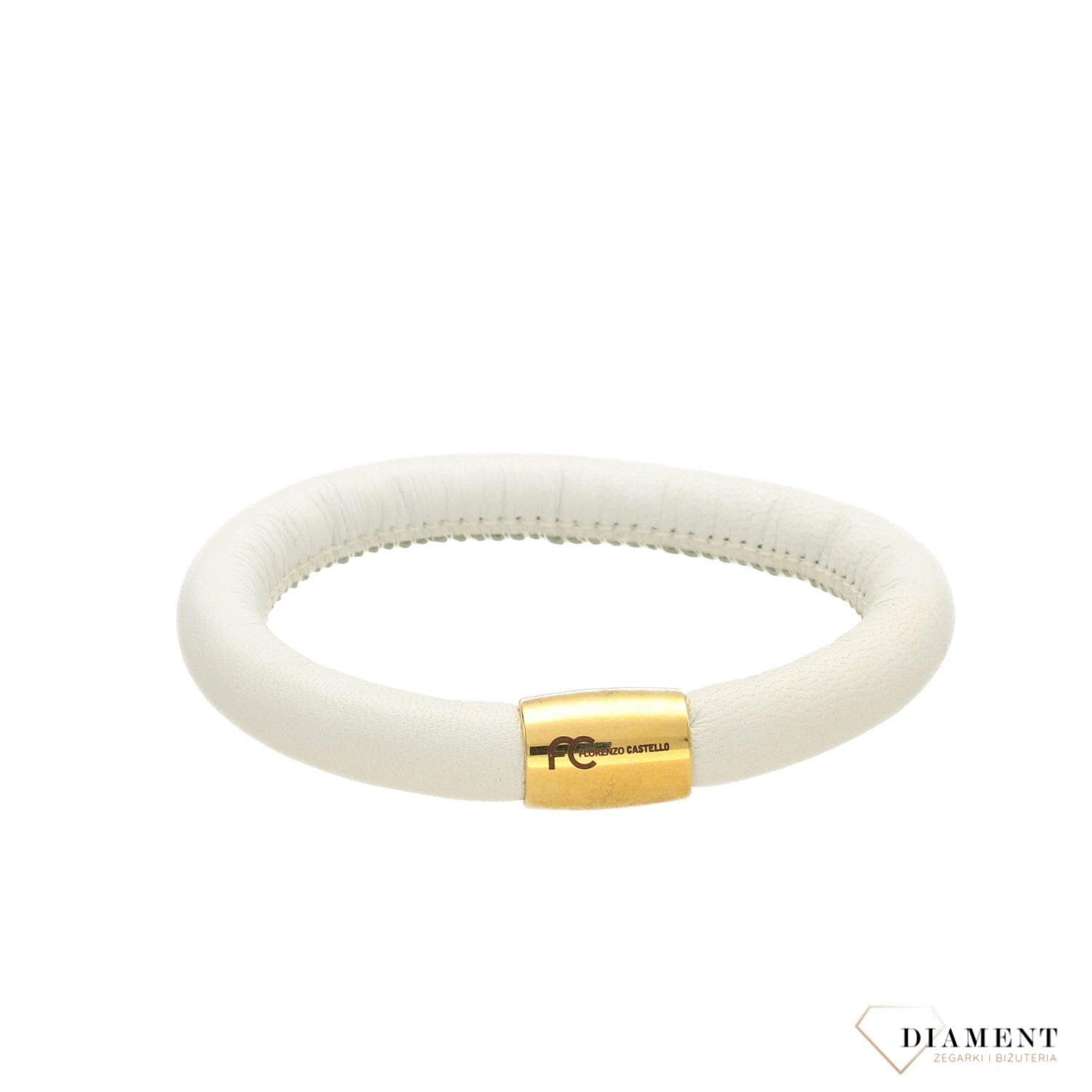 Damska bransoletka skórzana w pięknym, nieskazitelnym białym kolorze z eleganckim stalowym zapięciem w kolorze złotym (1).jpg