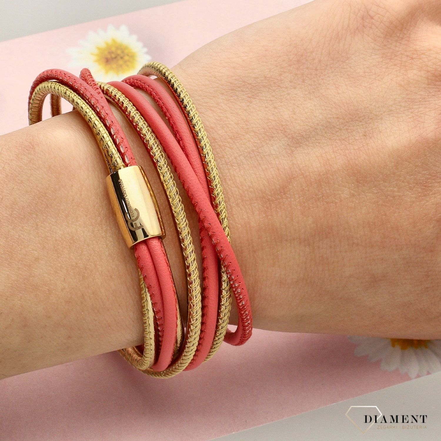 Bransoleta damska skórzana złoto i koral BRA-000000-647-INNEb.jpg