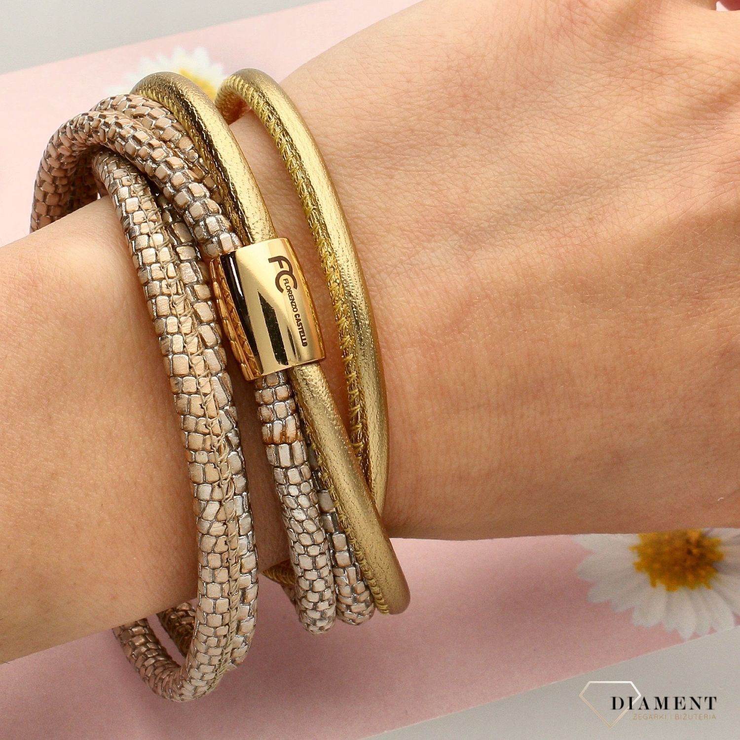 Bransoleta damska skórzana w odcieniach złota i różu (1).jpg