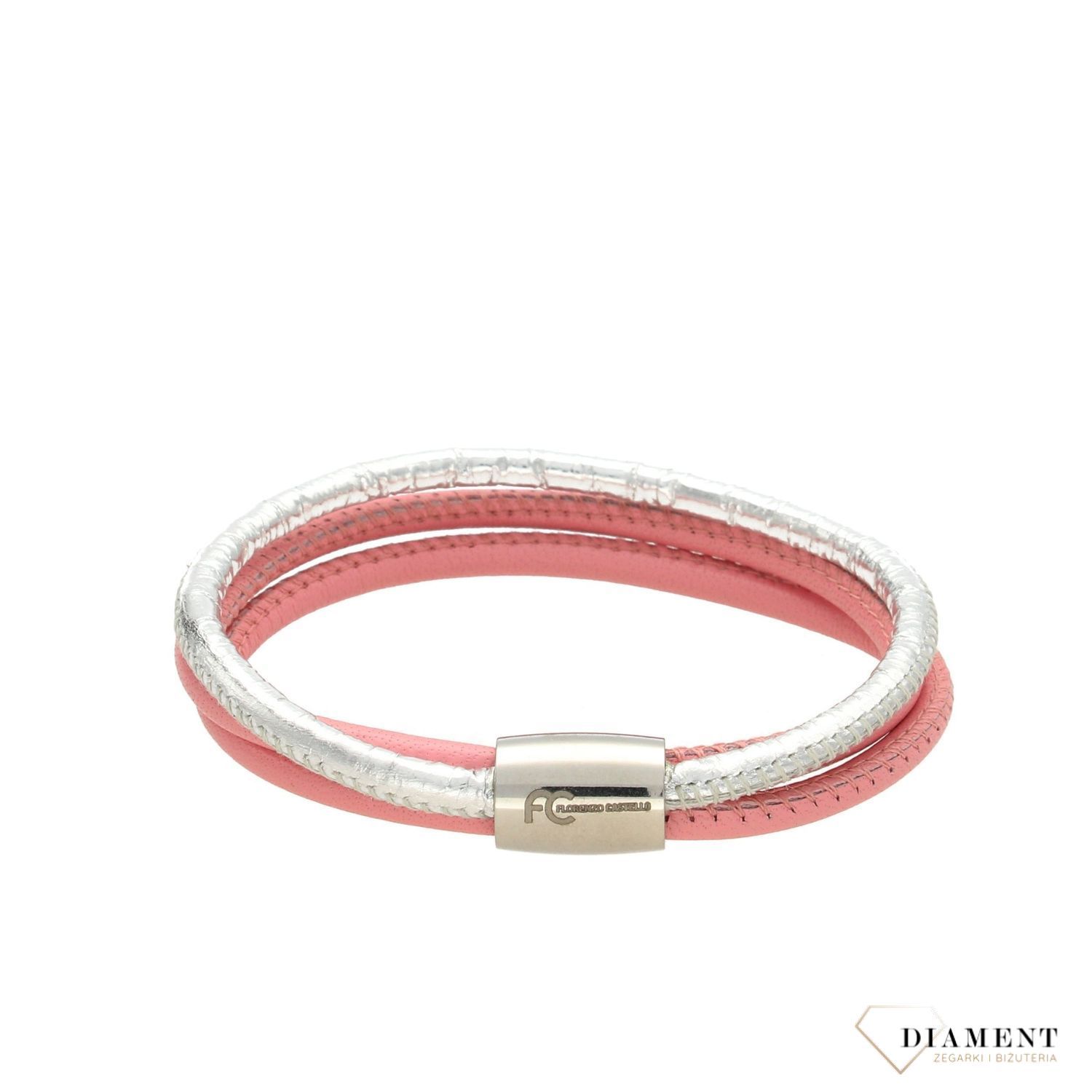 Stylowa bransoletka damska wykonana ze skóry w odcieniach różu z dodatkiem srebra. Modne zestawienie kolorów, które pasują do każdej stylizacji (1).jpg