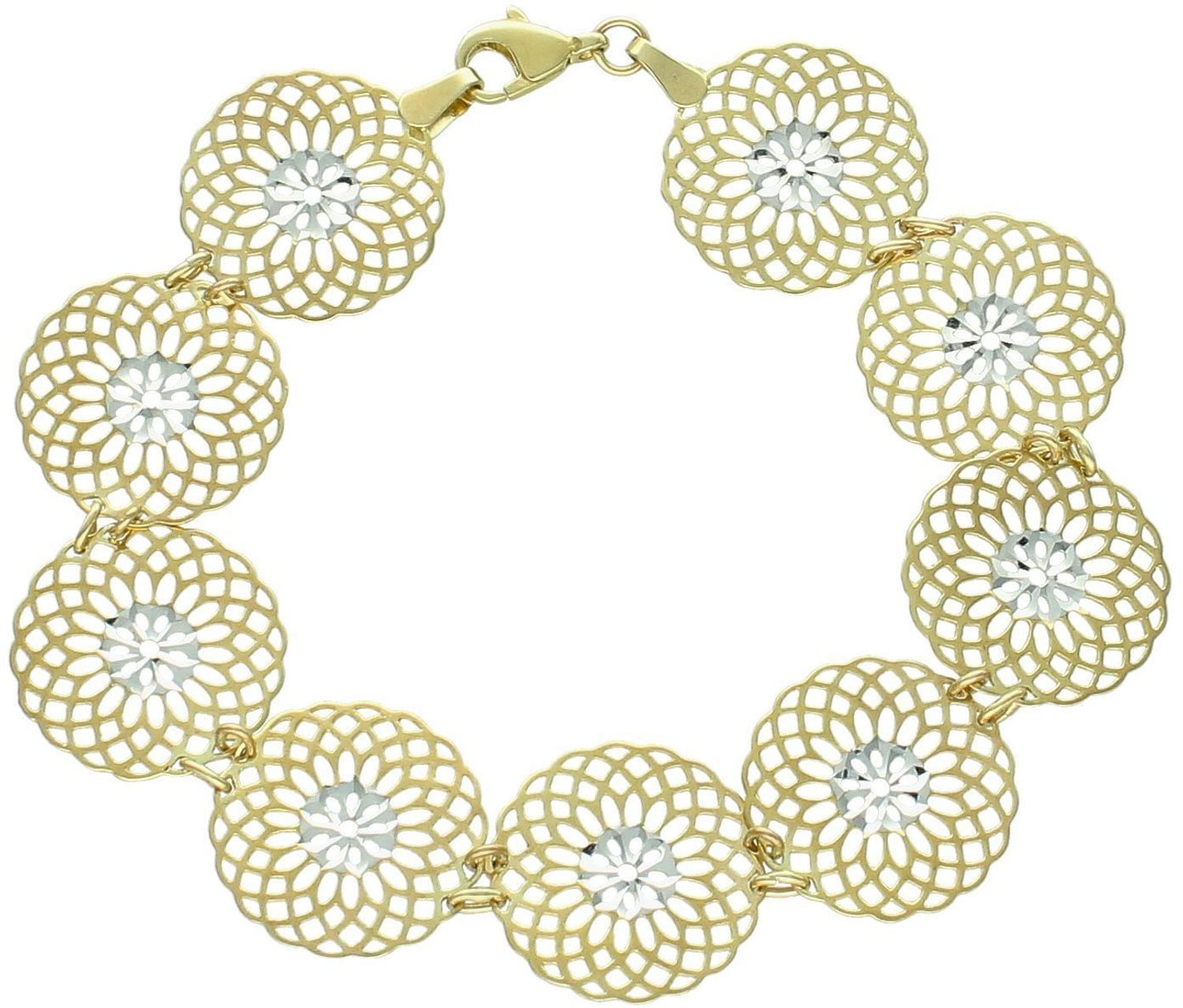 Złota bransoletka damska 333 Ażurowe kółka w kwiatkami z białego złota to elegancka biżuteria, która łączy w sobie klasyczny urok złota z subtelnym akcentem florystycznym. 1.jpg