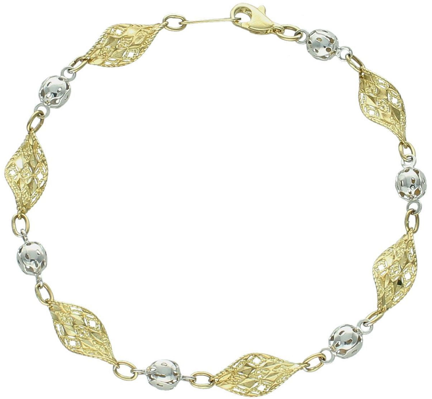 Złota bransoletka damska 333 Zakręcone łezki z kuleczkami Wykonana z 8-karatowego złota, bransoletka składa się z naprzemiennych elementów w dwóch odcieniach złota – 1.jpg