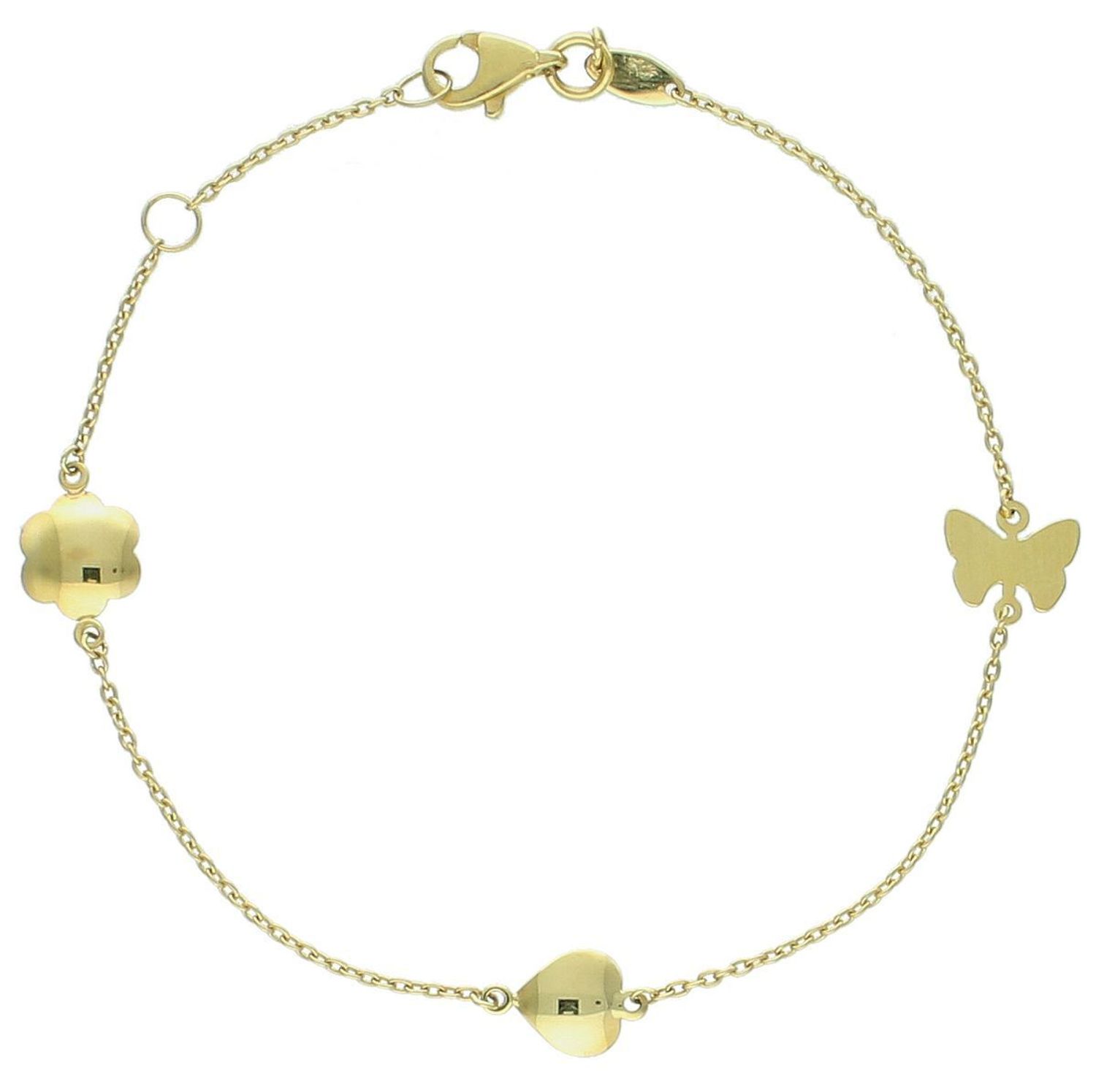 Bransoletka złota trzy elementy ozdobne pr 333, BRA-000000-707-333 Złota bransoletka wykonana z 8 karatowego żółtego złota. Złota biżuteria w oryginalnej formie ozdobiona motylkiem 1.jpg