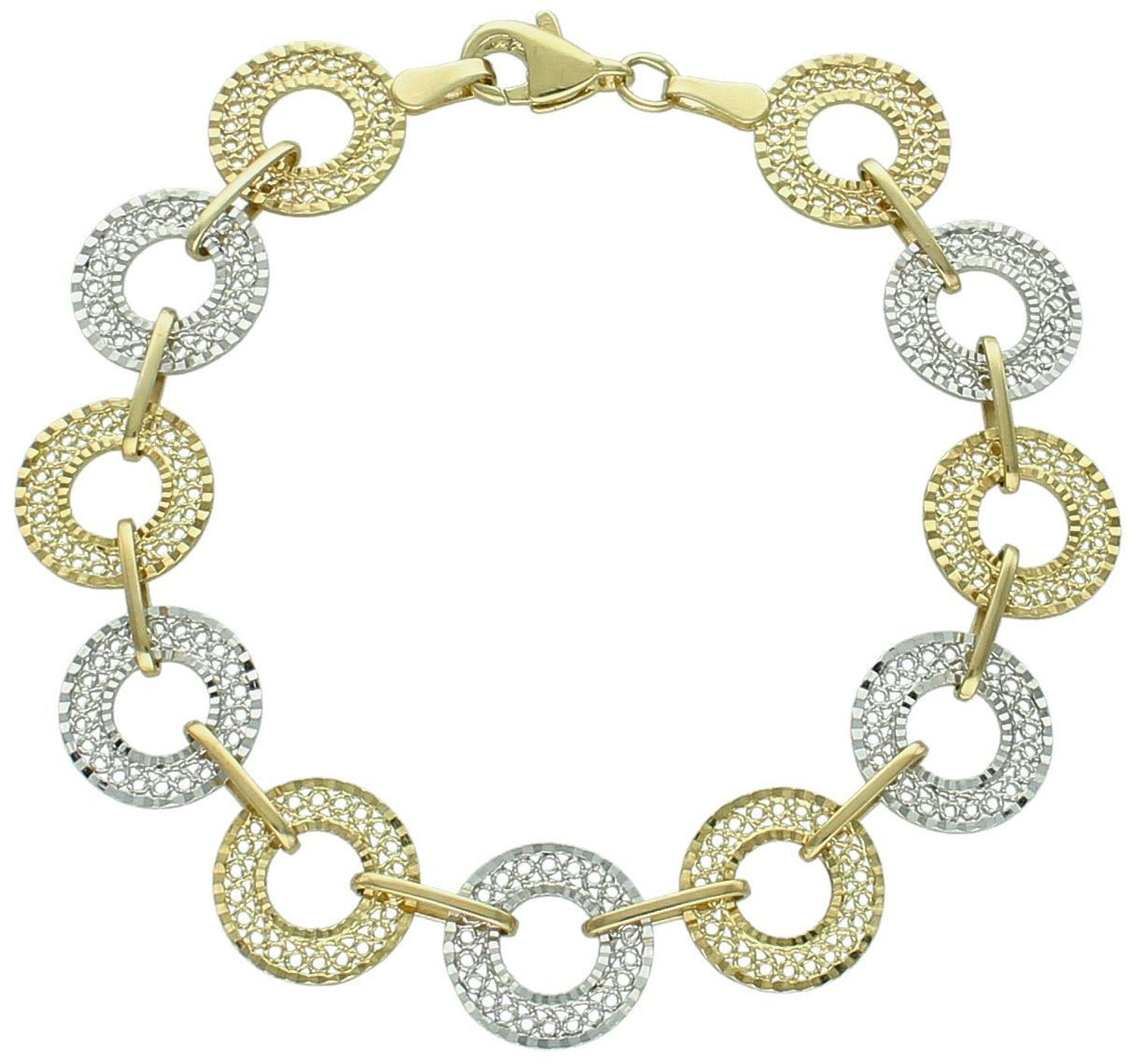 Złota bransoletka damska 333 z ażurowych kółek z białego i żółtego złota. Wykonana z 8-karatowego złota, bransoletka składa się z naprzemiennych kółek w dwóch odcieniach złota – 1.jpg