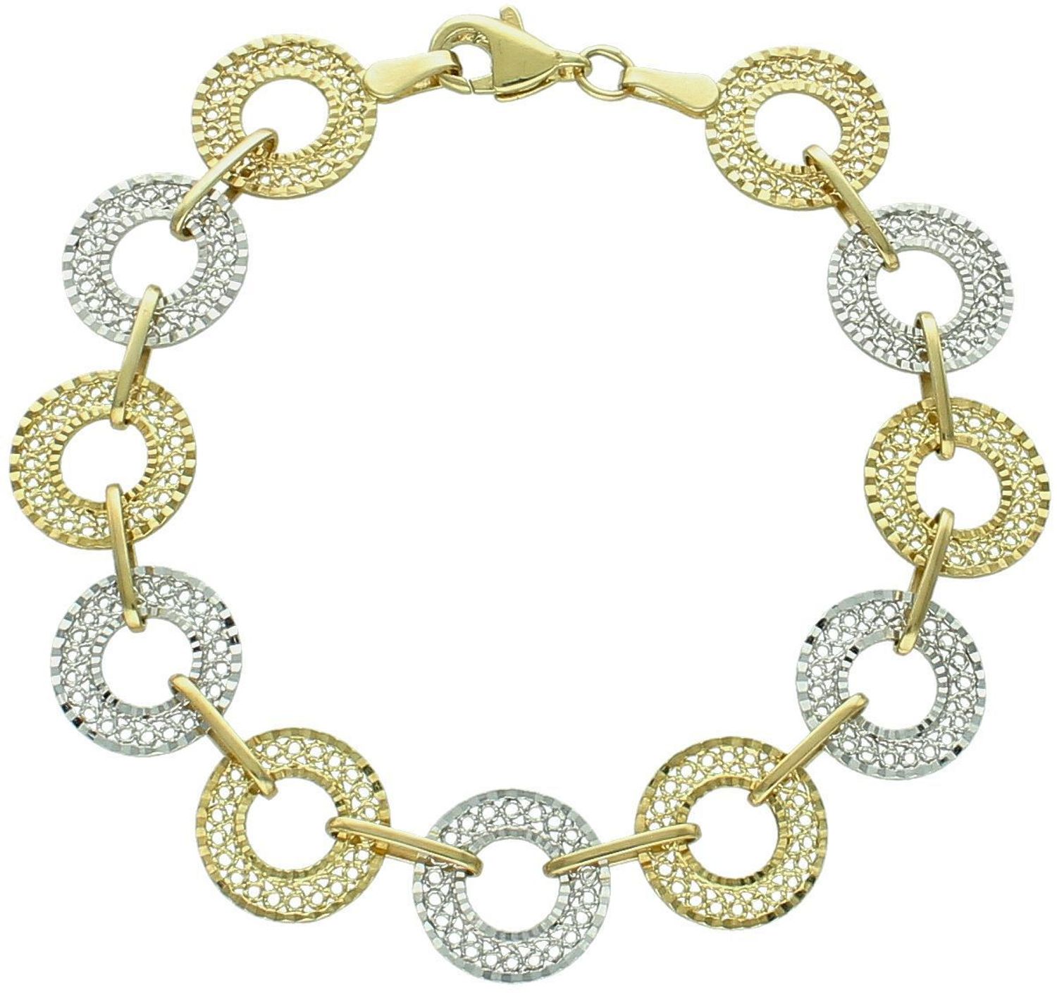 Złota bransoletka damska 333 z ażurowych kółek z białego i żółtego złota. Wykonana z 8-karatowego złota, bransoletka składa się z naprzemiennych kółek w dwóch odcieniach złota – 1.jpg