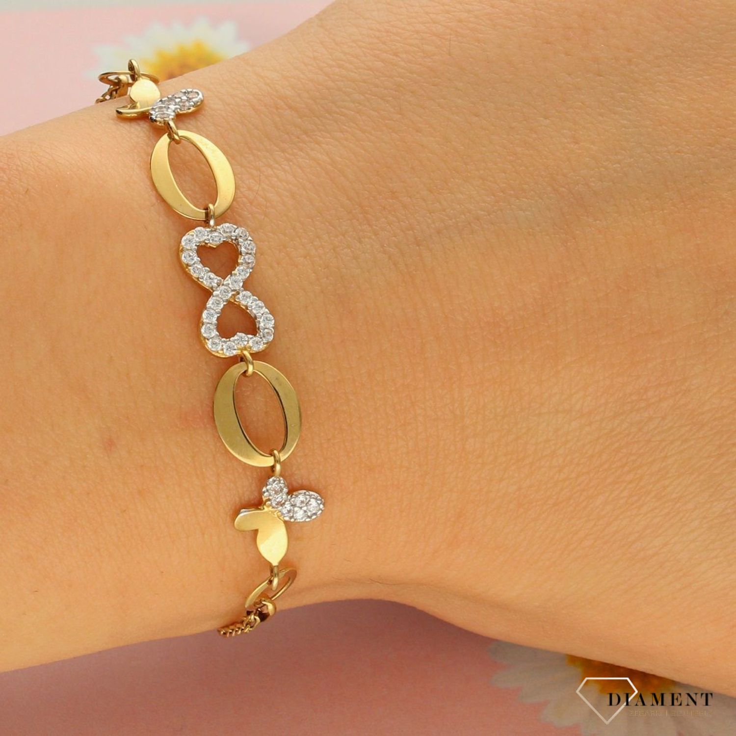 Złota bransoletka celebrytka 585 'motylki znak nieskończoności'  (1).jpg