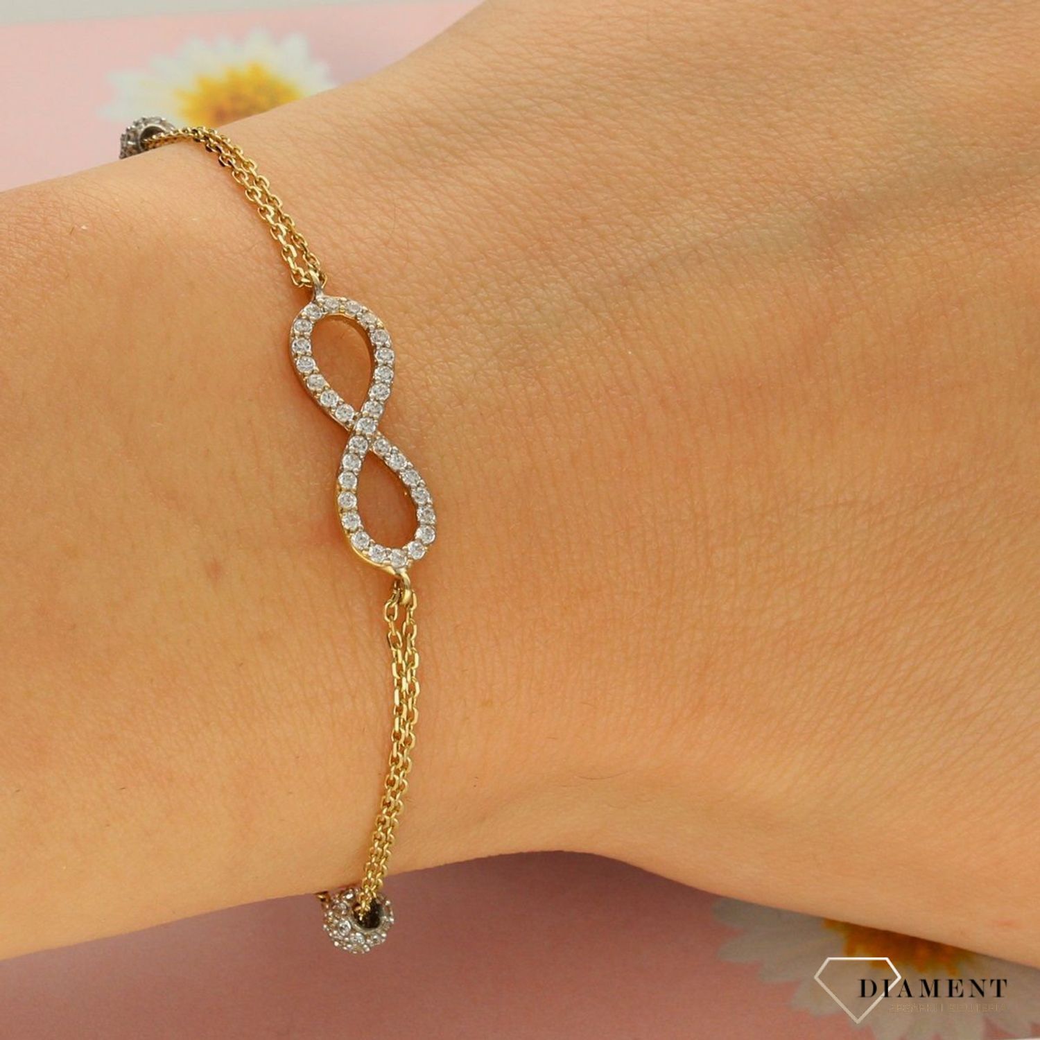 Złota bransoletka 585 'kuleczki znak nieskończoności w cyrkonii'  (1).jpg