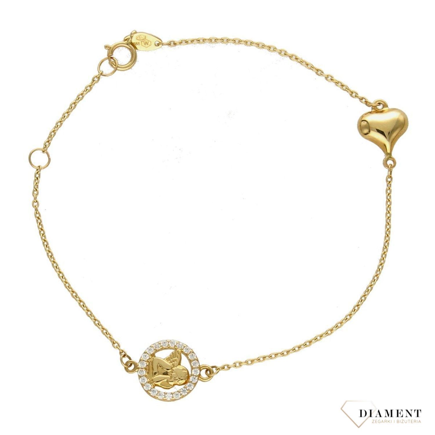 Złota bransoletka celebrytka 585 'aniołek w kółku i serce'  (1).jpg
