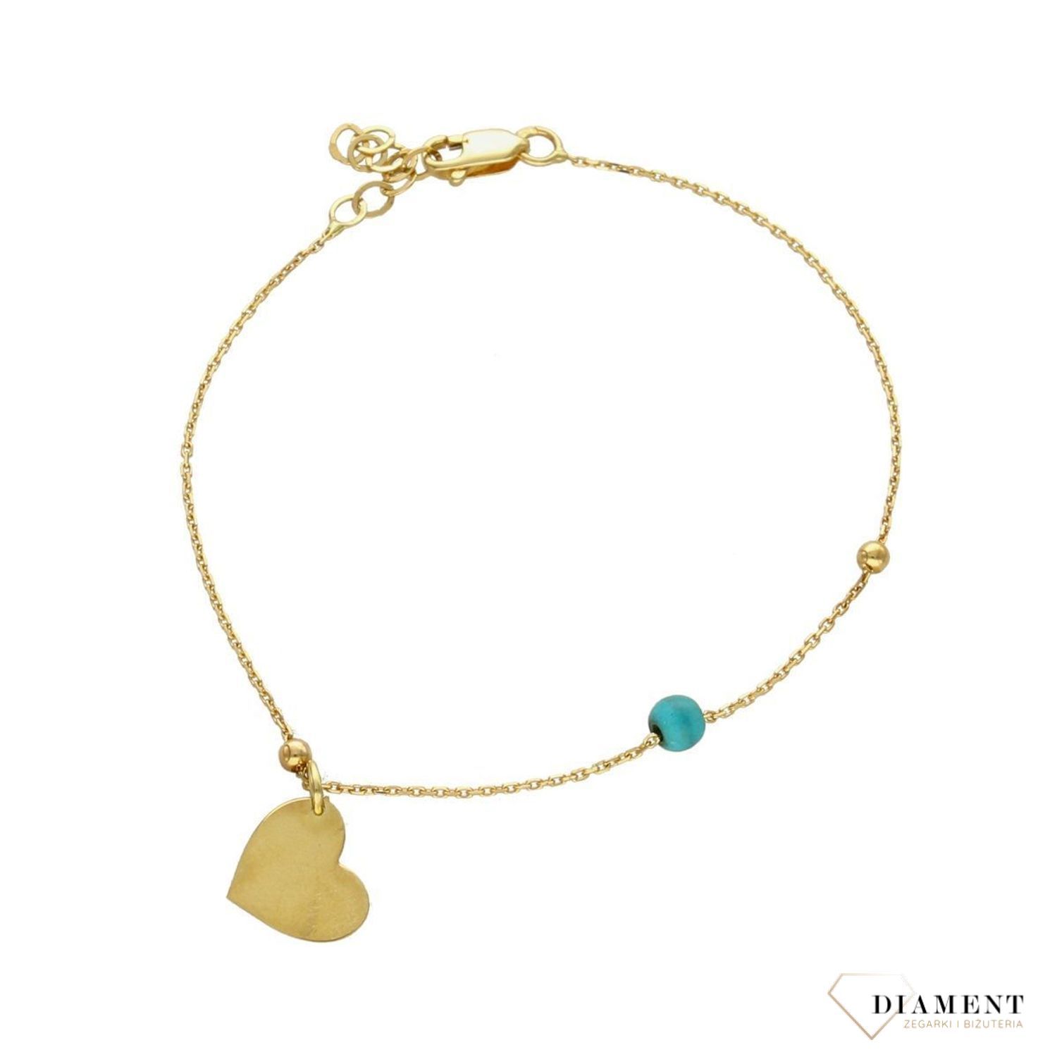 Złota bransoletka celebrytka 585 'serce z niebieskim koralikiem'  (1).jpg
