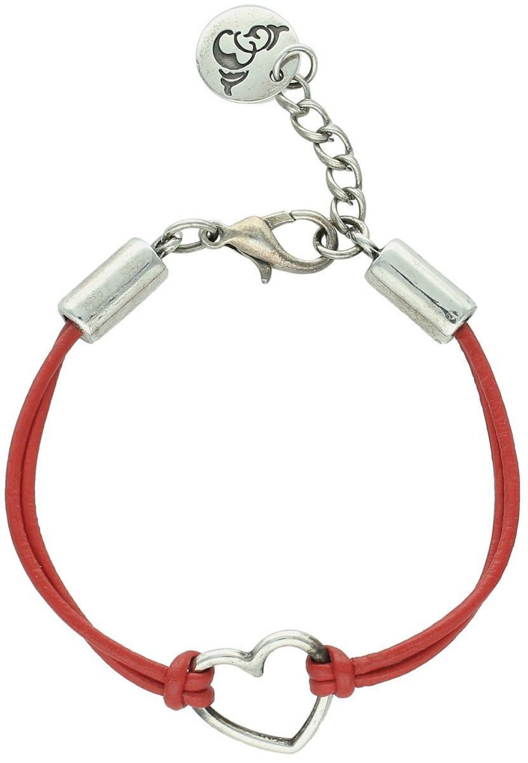 Bransoletka damska na czerwonym rzemyku z serduszkiem z tworzywa sztucznego. Regulowana długość 17 cm + 2 cm. Lekka i modna ozdoba na co dzień.1.jpg