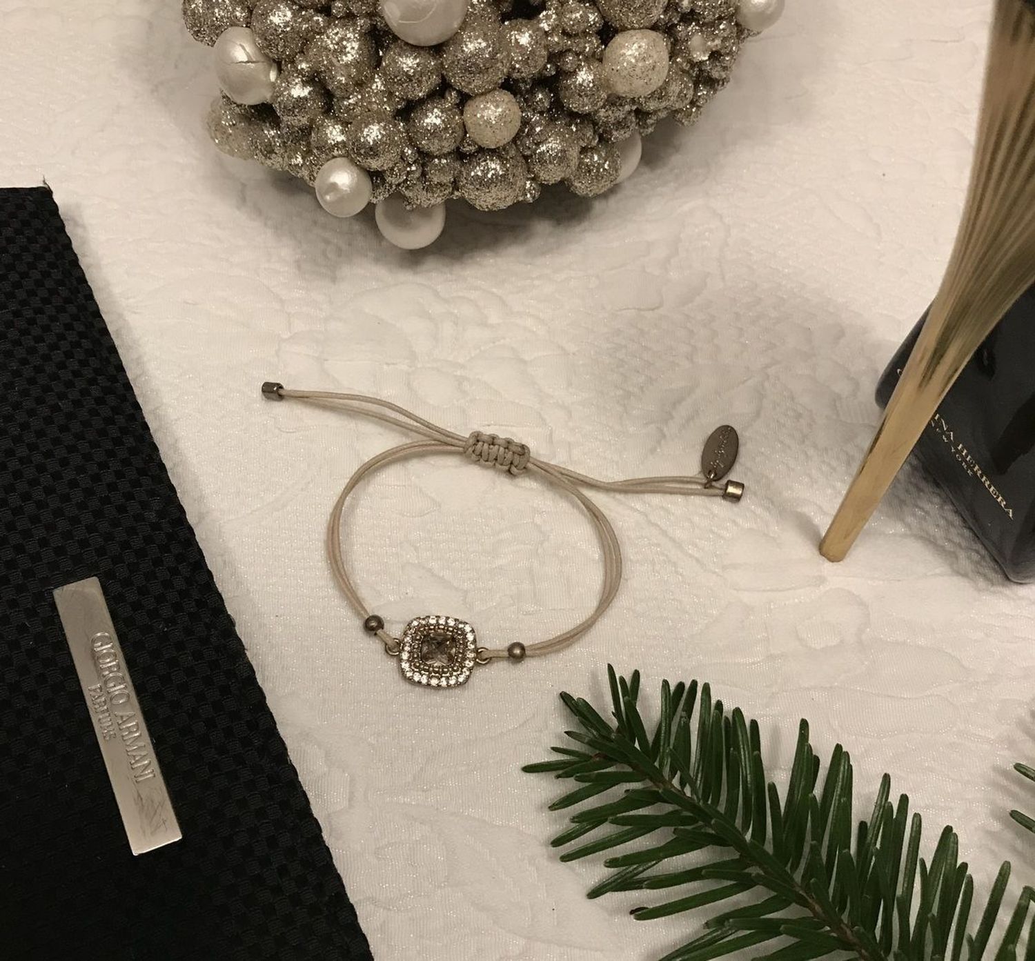 Bransoletka na sznurku z cyrkonią By Dziubeka beżowa✓ Biżuteria damska✓ 3.jpg