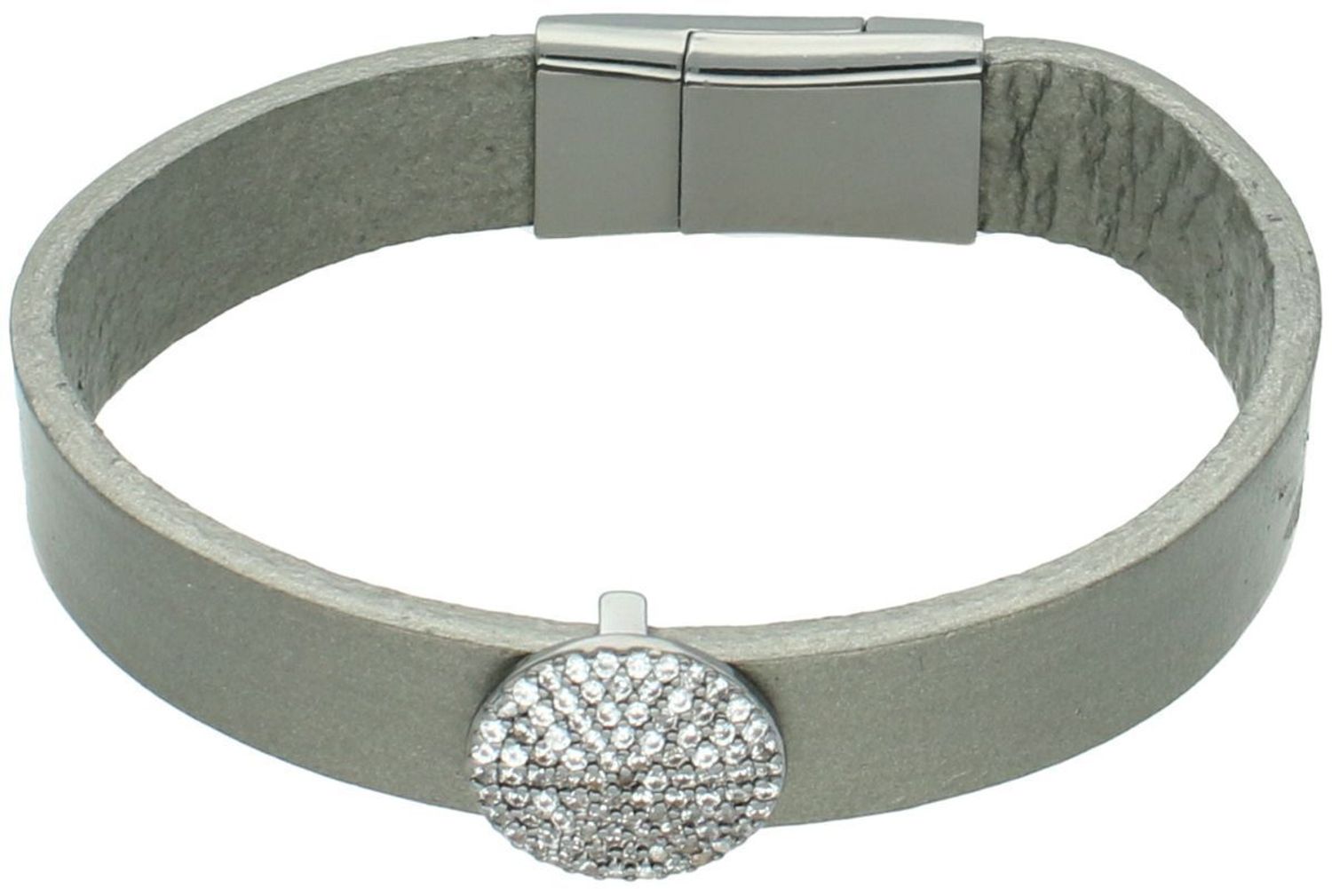 Bransoletka damska By Dziubeka na szarym skórzanym pasku z zawieszką i cyrkonią. Długość 18 cm, szerokość 1,2 cm, zapięcie na magnes.1.jpg