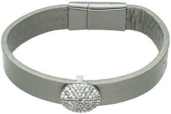 Bransoletka damska By Dziubeka na szarym skórzanym pasku z zawieszką i cyrkonią. Długość 18 cm, szerokość 1,2 cm, zapięcie na magnes.1.jpg