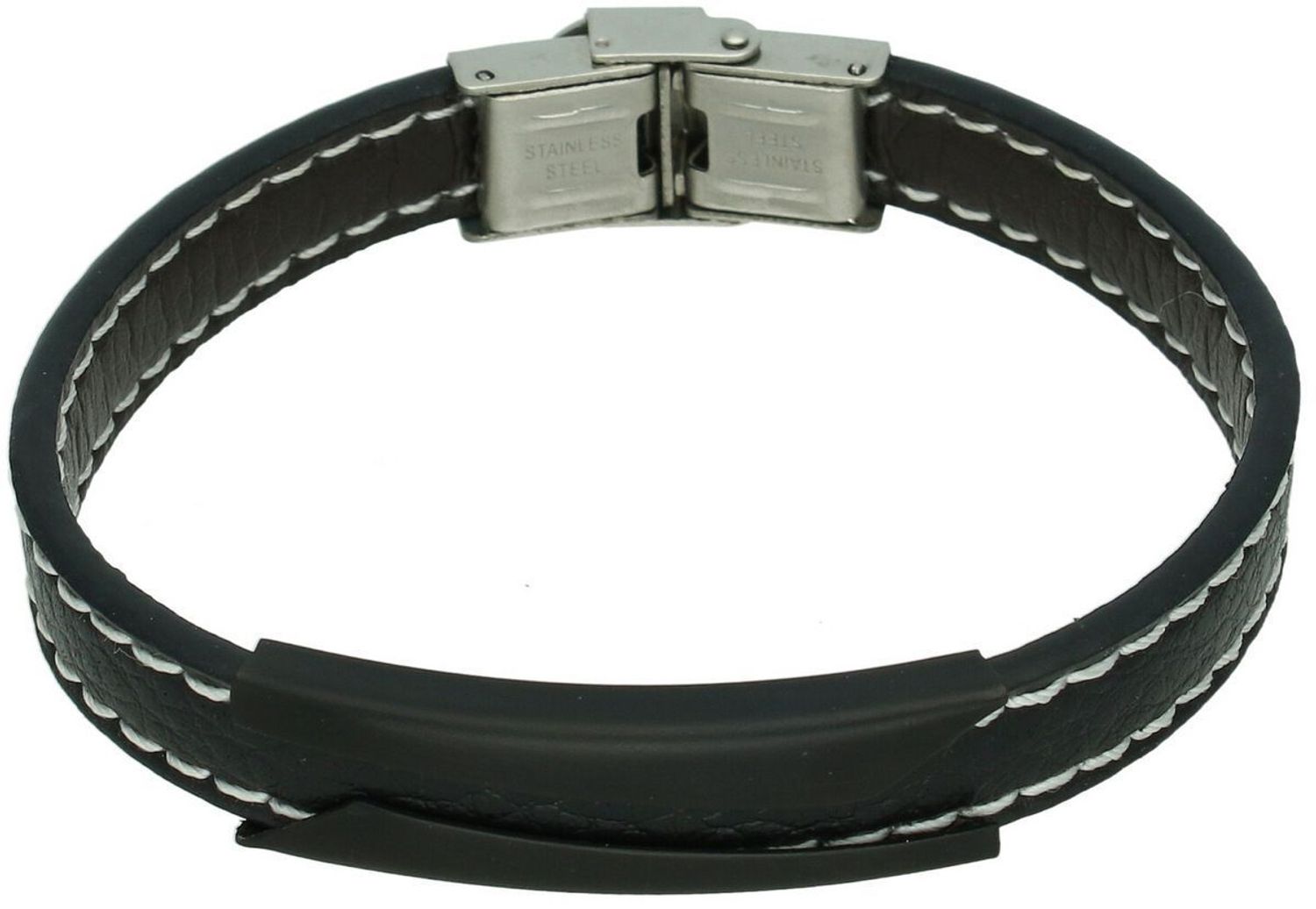 Bransoletka męska skórzana BRS37 – elegancka biżuteria z brązowej skóry z białym obszyciem i stalową ozdobą. Stylowy dodatek o długości 20,5 cm, idealny na prezent dla mężczyzny.1.jpg