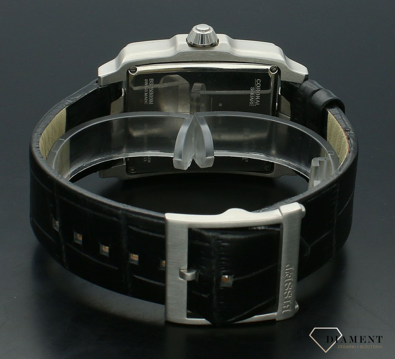 Zegarek męski Bisset na czarnym pasku BS25B09M. Męski zegarek na pasku. Zegarek męski stalowy Bisset. Zegarek Bisset z czarną tarczą. Zegarek kwadratowy męski na prezent.  (3).jpg