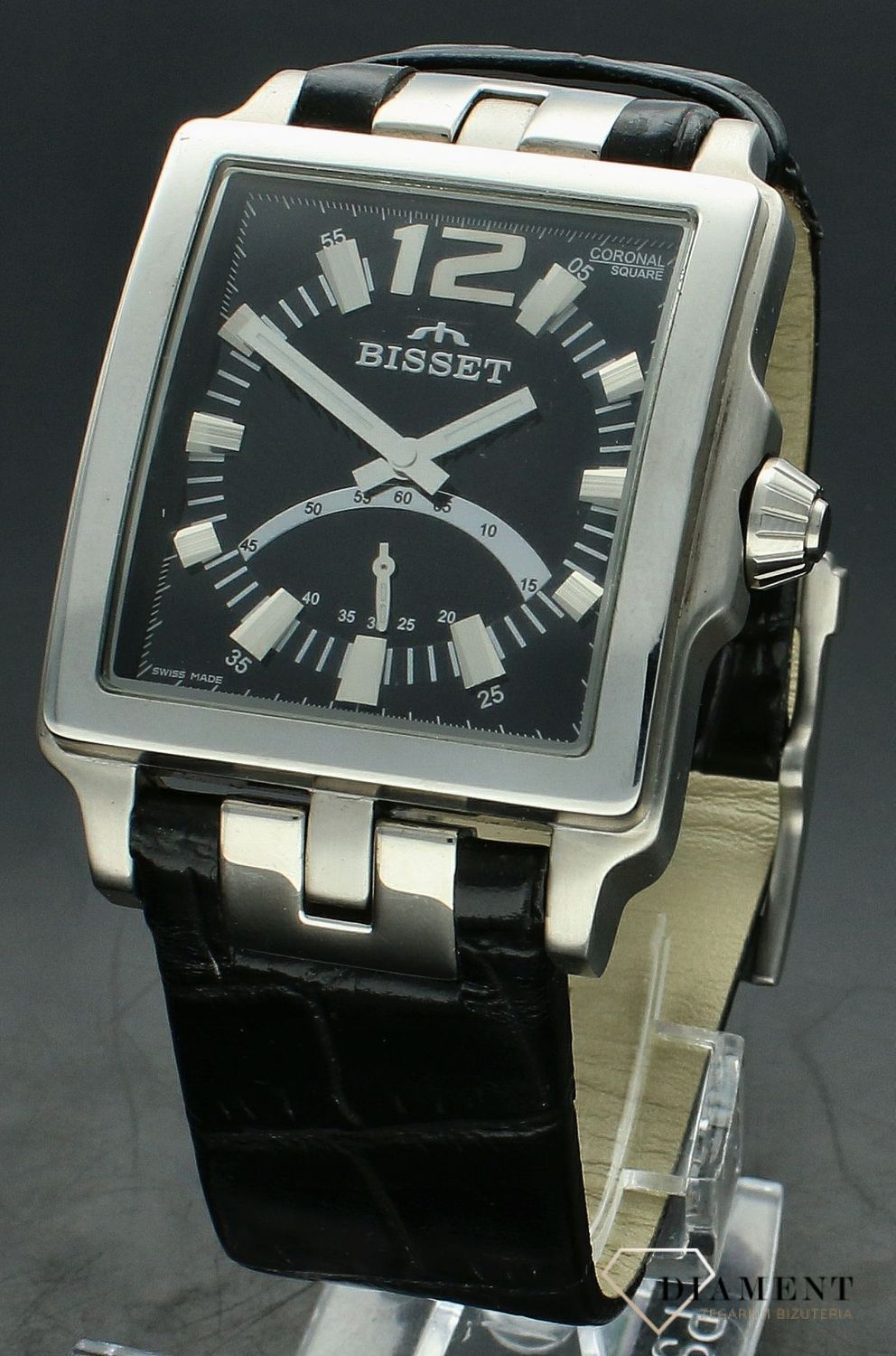 Zegarek męski Bisset na czarnym pasku BS25B09M. Męski zegarek na pasku. Zegarek męski stalowy Bisset. Zegarek Bisset z czarną tarczą. Zegarek kwadratowy męski na prezent.  (3).jpg