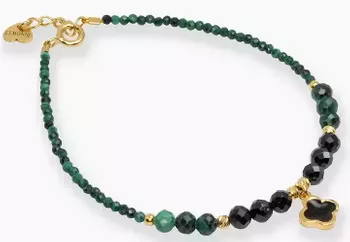 Bransoletka z naturalnych kamieni malachitu i spinelu z pozłacaną zawieszką koniczyny (srebro 925). Regulowana długość 17+2 cm. Symbol szczęścia i harmonii.1.webp