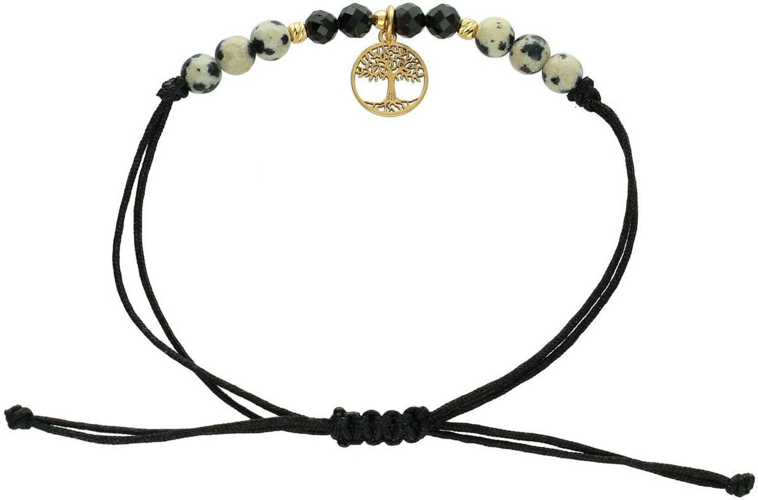 Elegancka bransoletka damska ze srebra próby 925 pozłacana, na czarnym sznurku z zawieszką drzewko szczęścia. Ozdobiona naturalnymi kamieniami jaspis i turmalin 1,70 g. 1.jpg