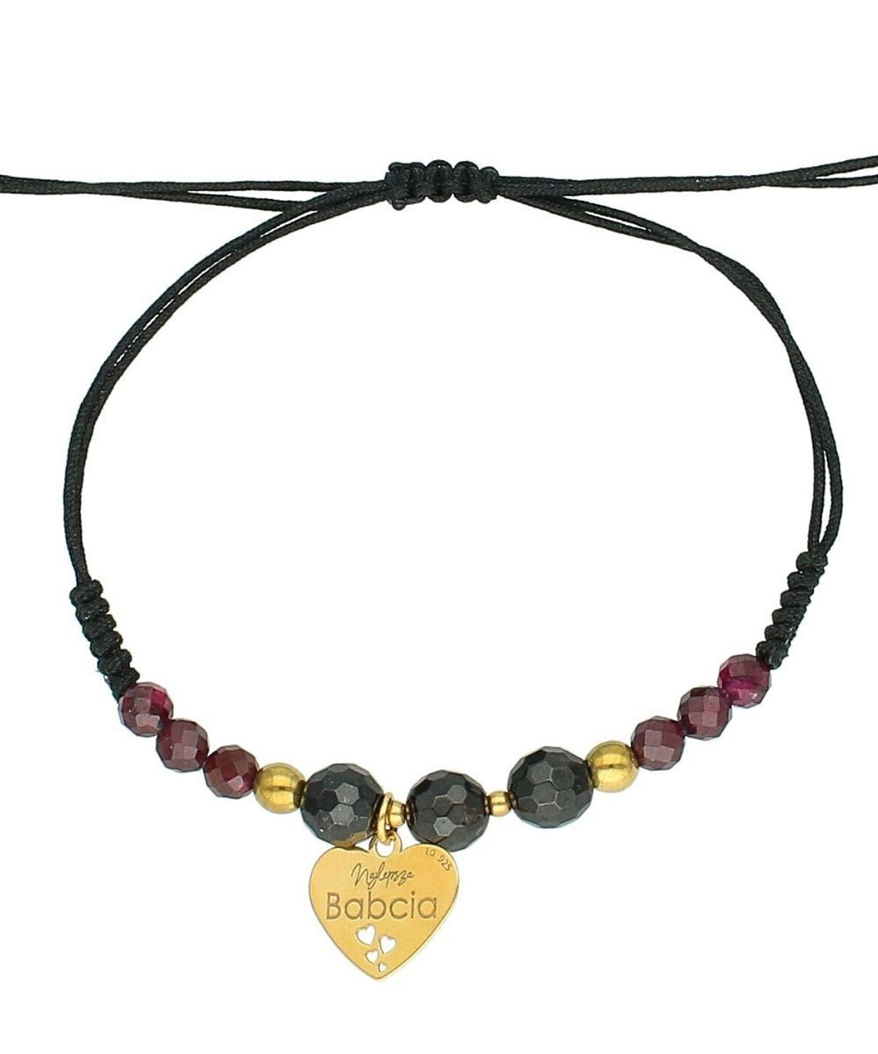 Bransoletka na czarnym sznurku z sercem „Najlepsza Babcia” – srebro pozłacane, granat granat..jpg