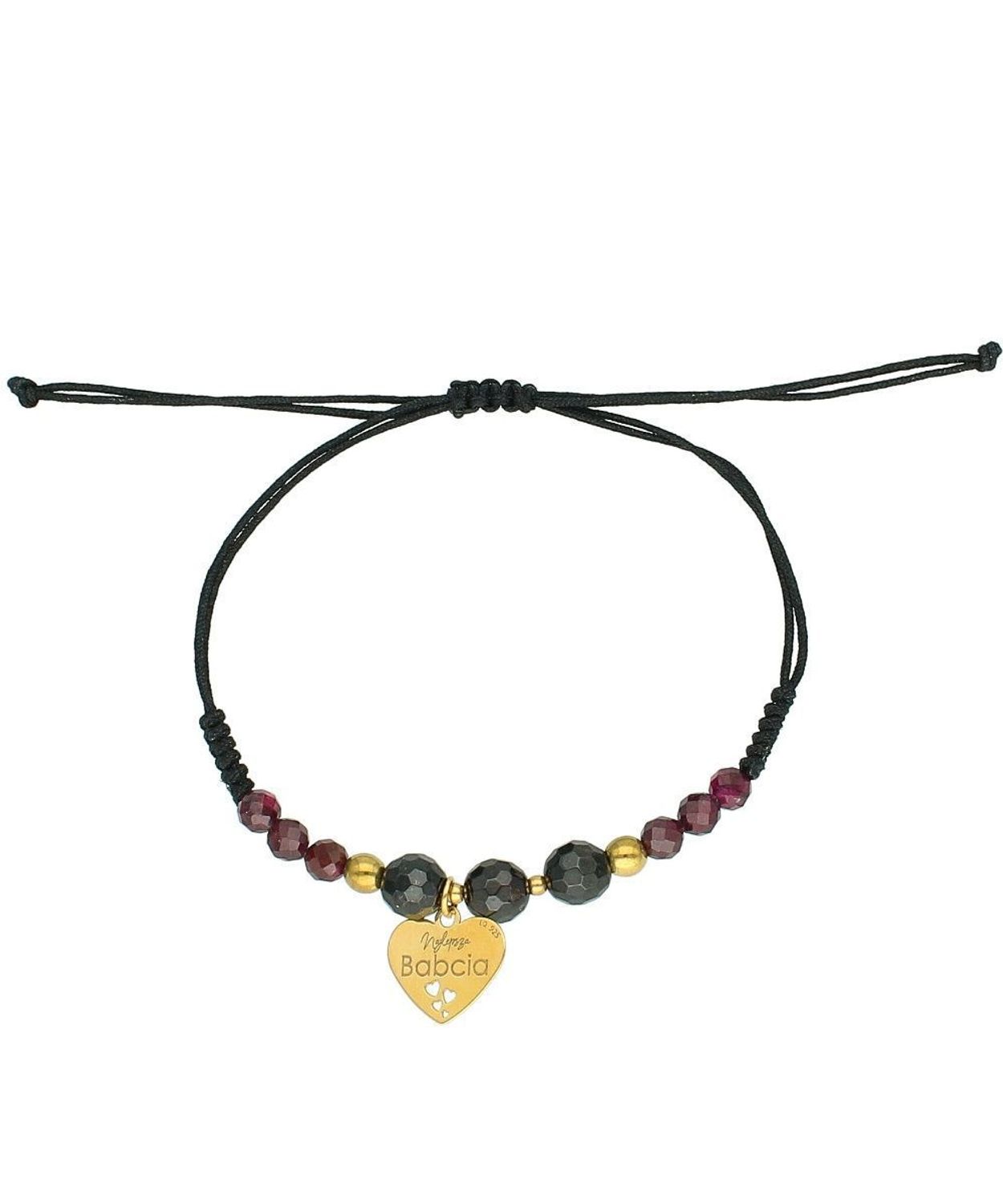 Bransoletka na czarnym sznurku z sercem „Najlepsza Babcia” – srebro pozłacane, granat granat..jpg