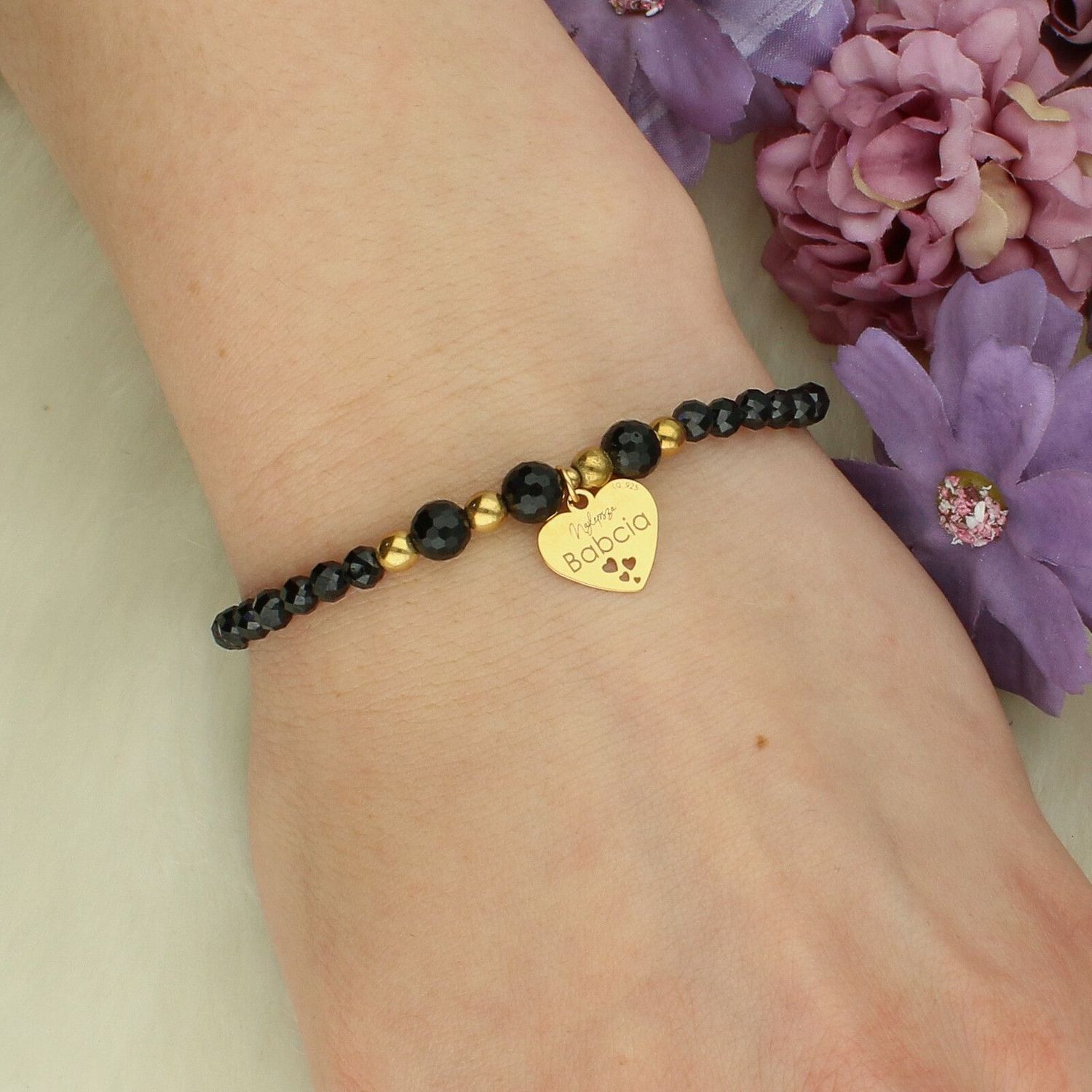 Bransoletka „Najlepsza Babcia” z sercem – srebro pozłacane, turmalin, na gumce  BS3103V151 turmalin.jpg