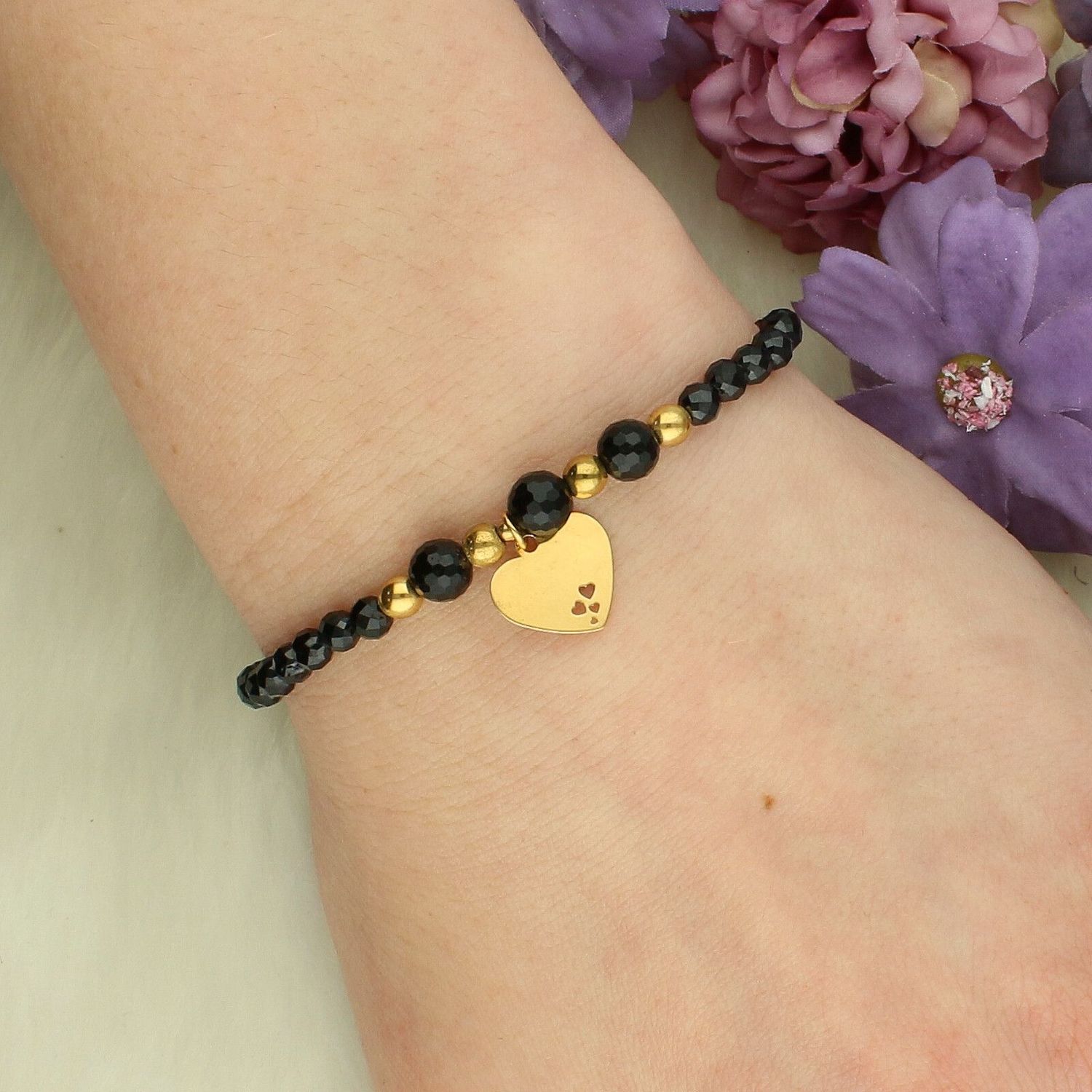 Bransoletka „Najlepsza Babcia” z sercem – srebro pozłacane, turmalin, na gumce  BS3103V151 turmalin.jpg