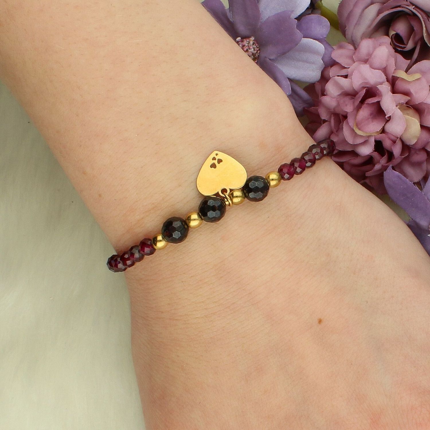 Bransoletka „Najlepsza Babcia” z sercem – srebro pozłacane, granat  BS3103V151.jpg