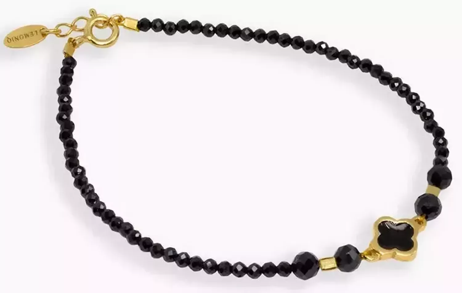 Bransoletka z czarnego spinelu z pozłacaną koniczynką BS3149v49...jpg