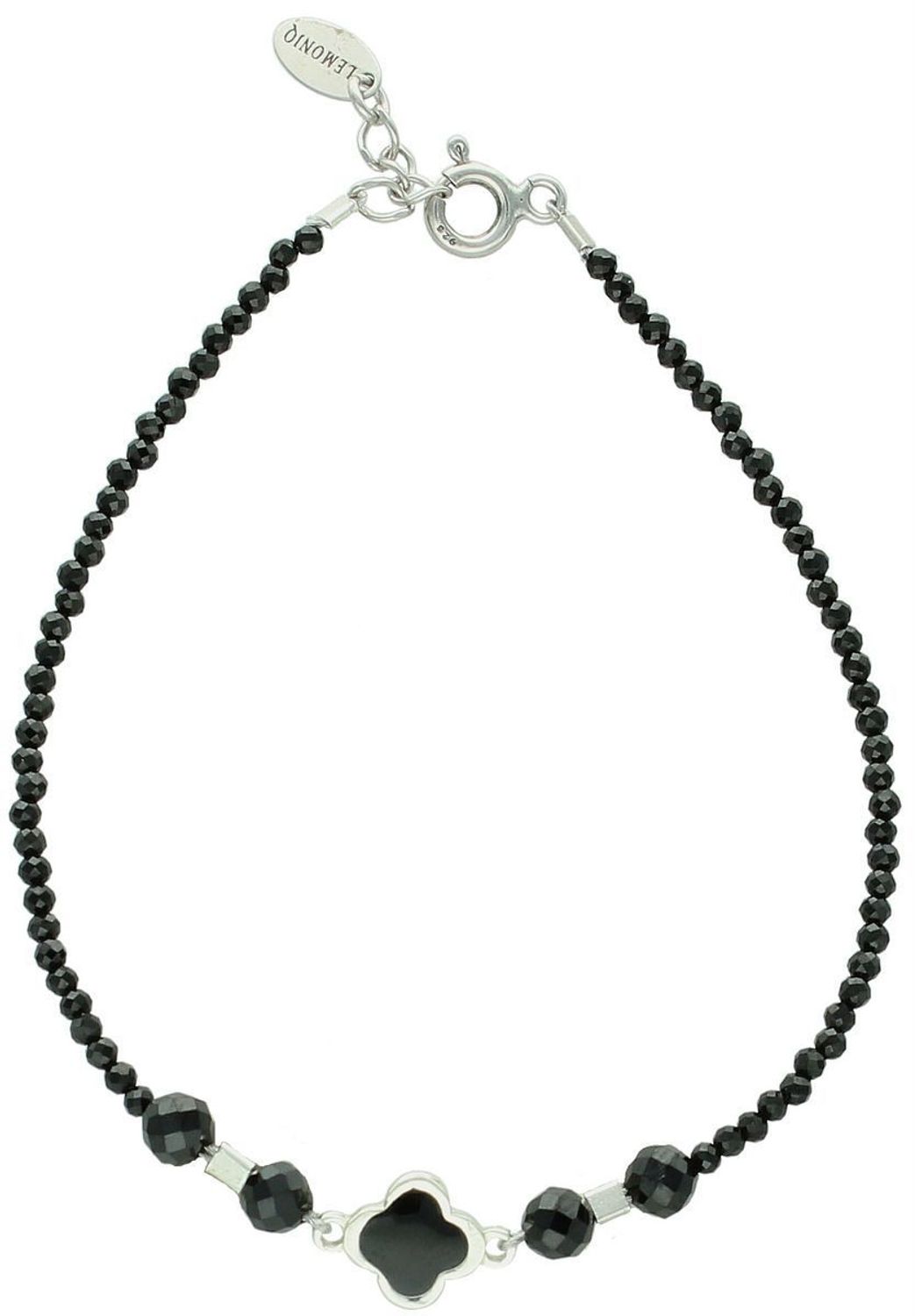 Bransoletka z naturalnego czarnego spinelu ze srebrną koniczyną – elegancka biżuteria Lemoniq...jpg